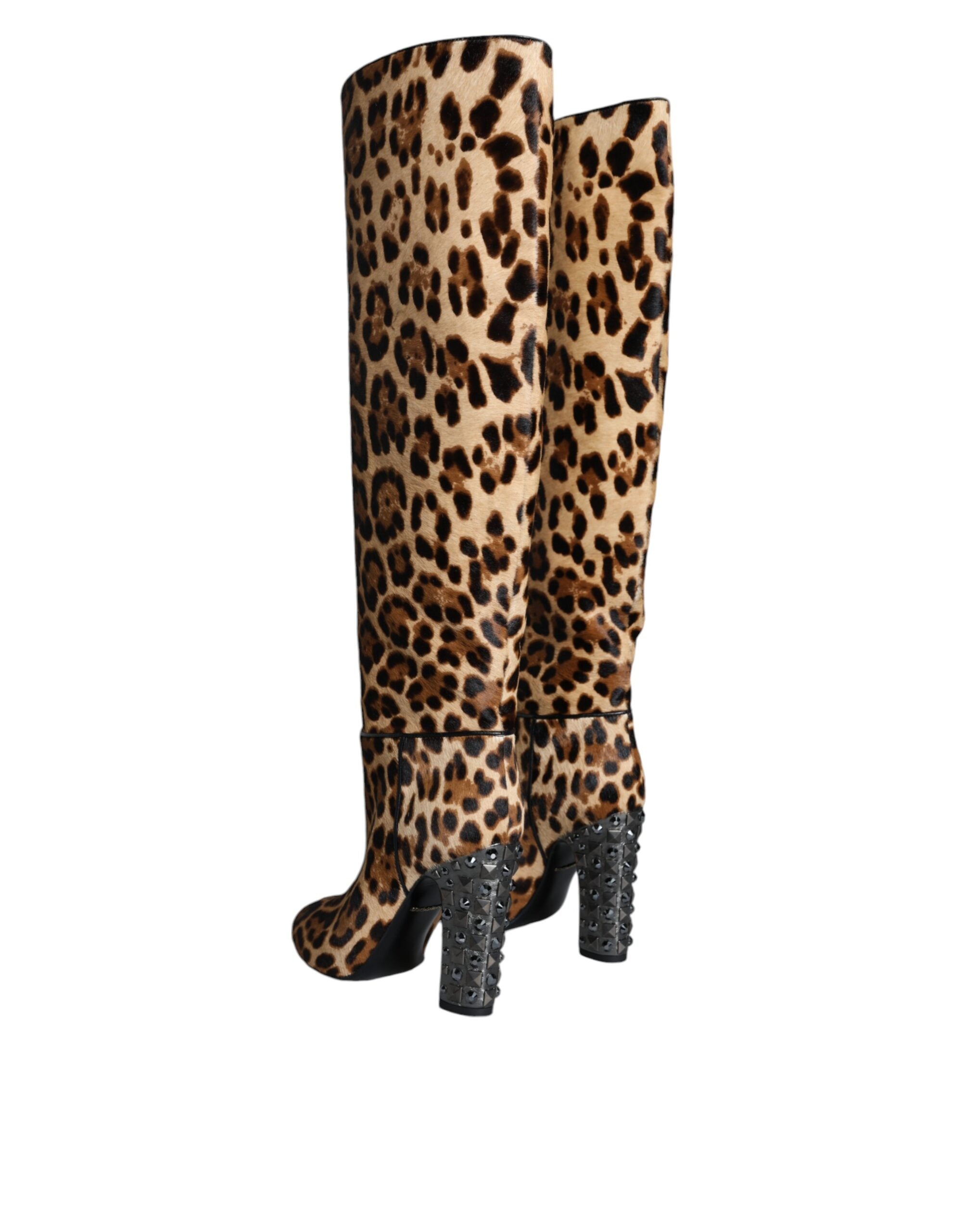 Beige Black Leopard Knee High Boots Shoes - ventzia