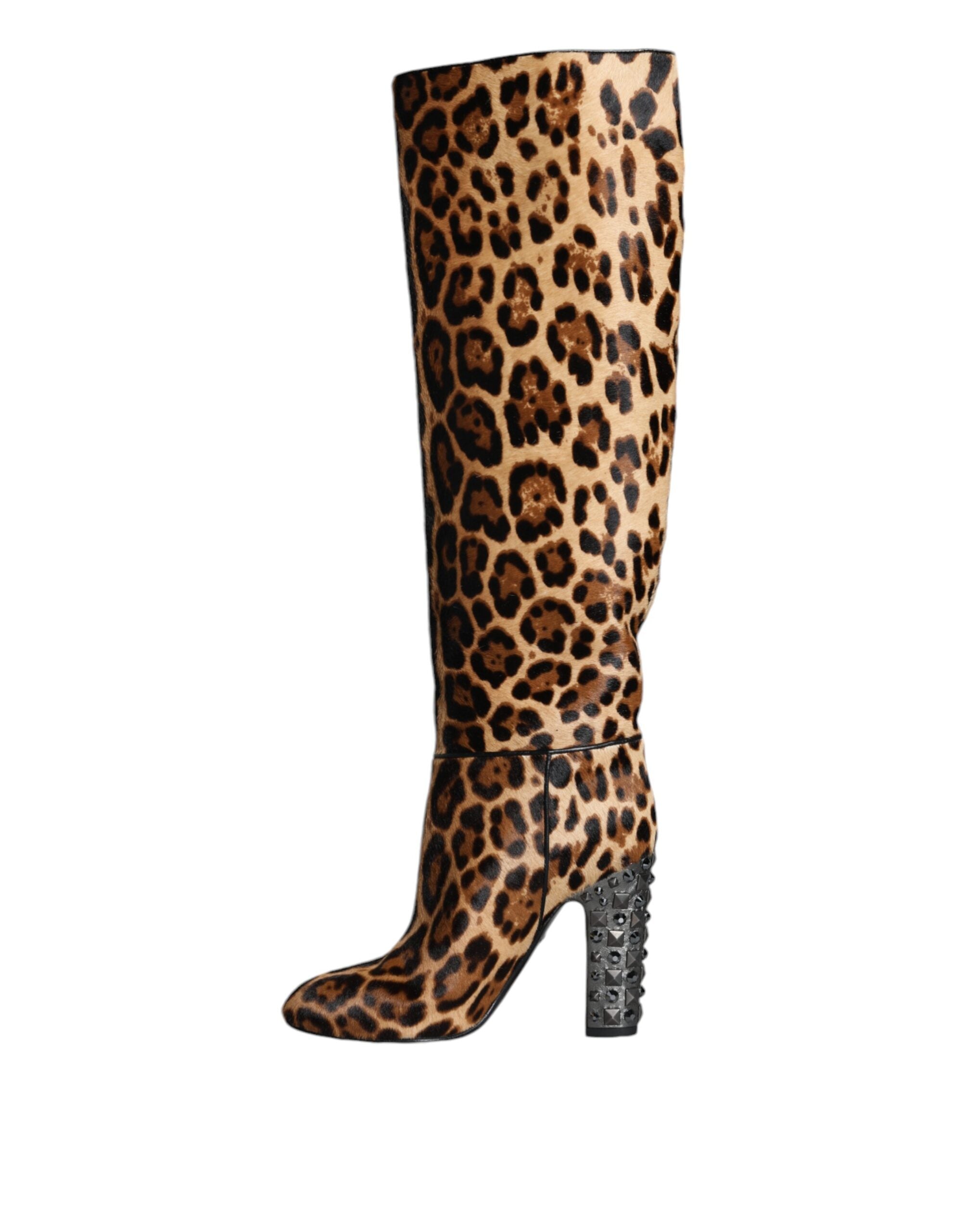 Beige Black Leopard Knee High Boots Shoes - ventzia