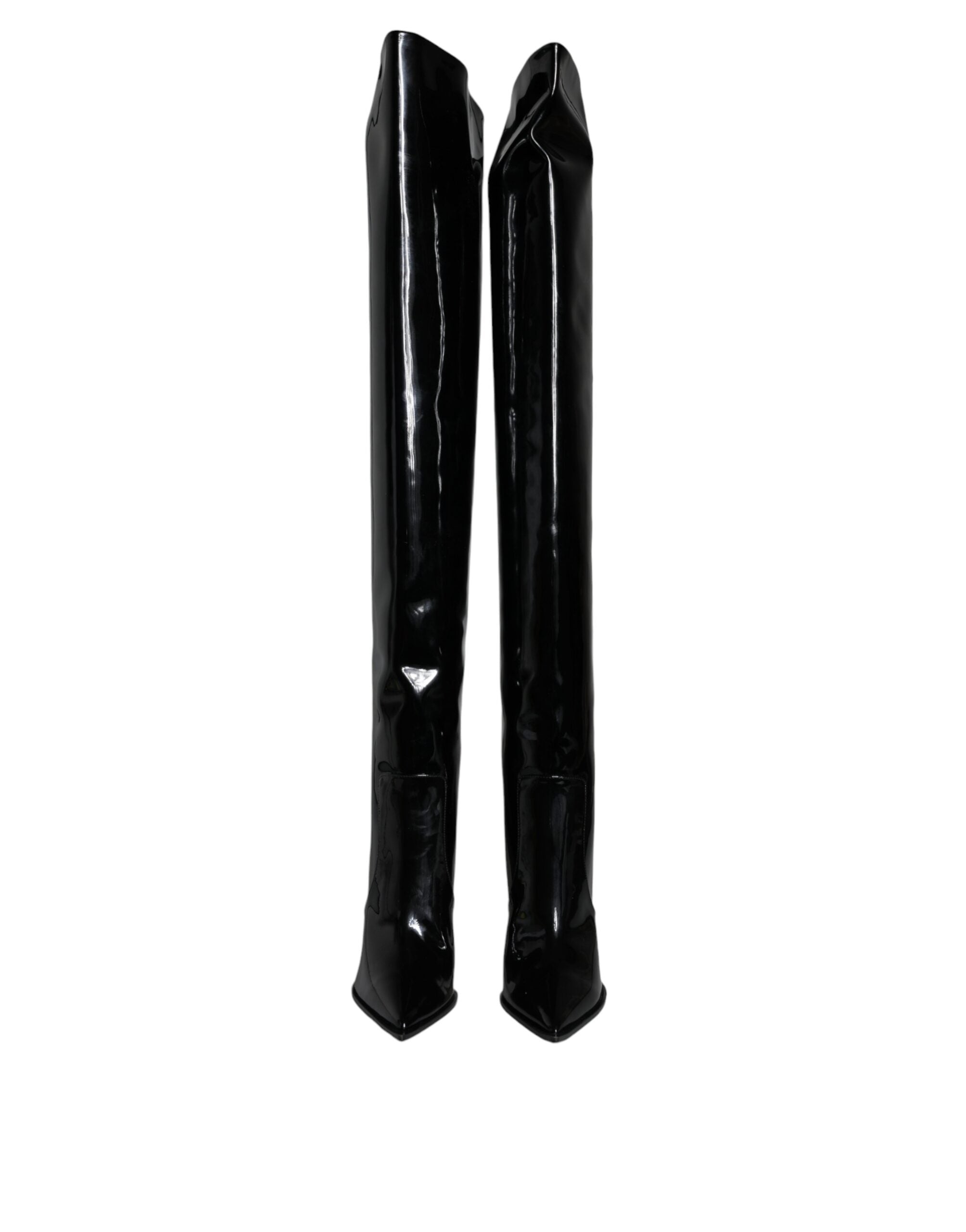 Black Patent Leather Knee High Boots Shoes - ventzia
