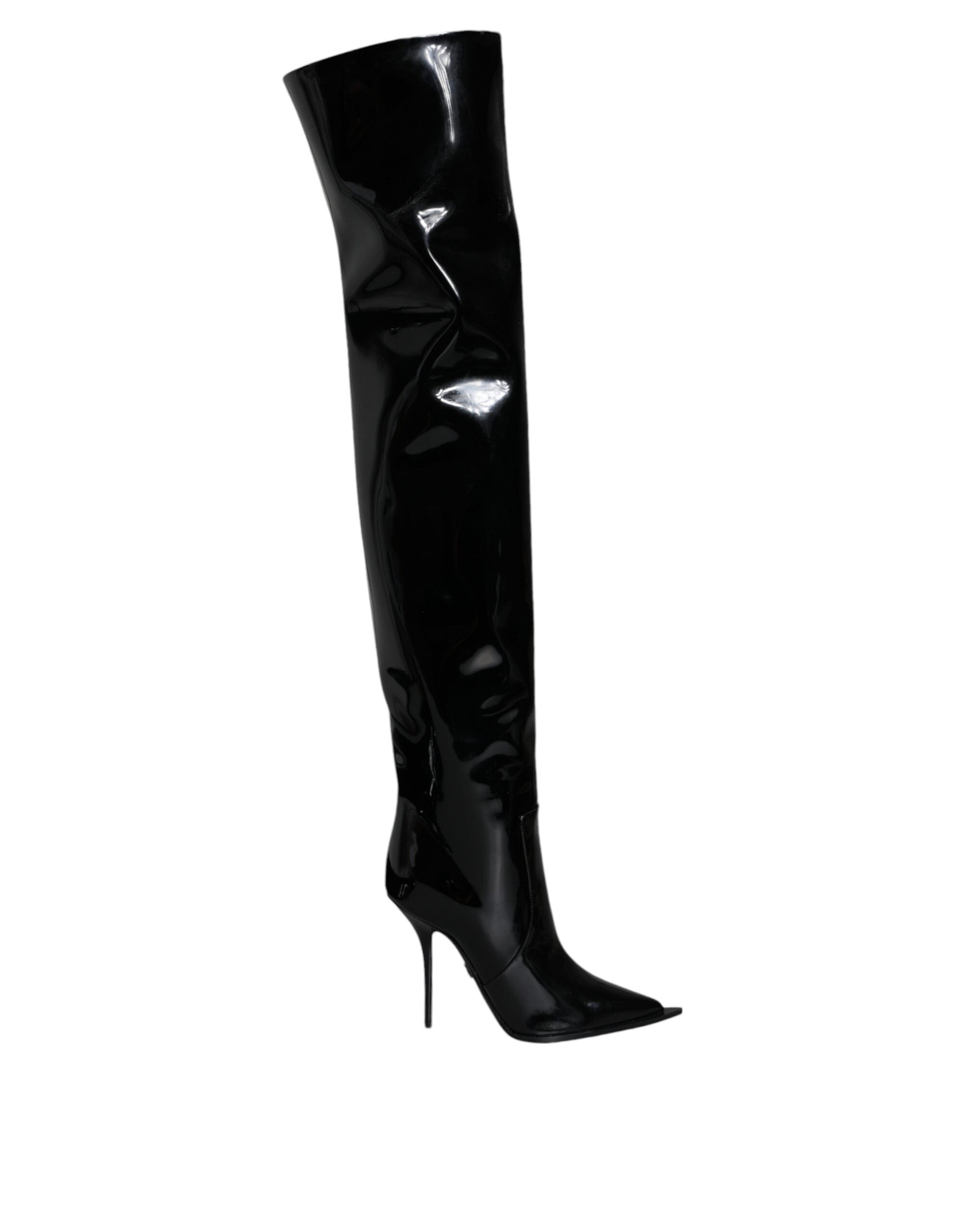 Black Patent Leather Knee High Boots Shoes - ventzia