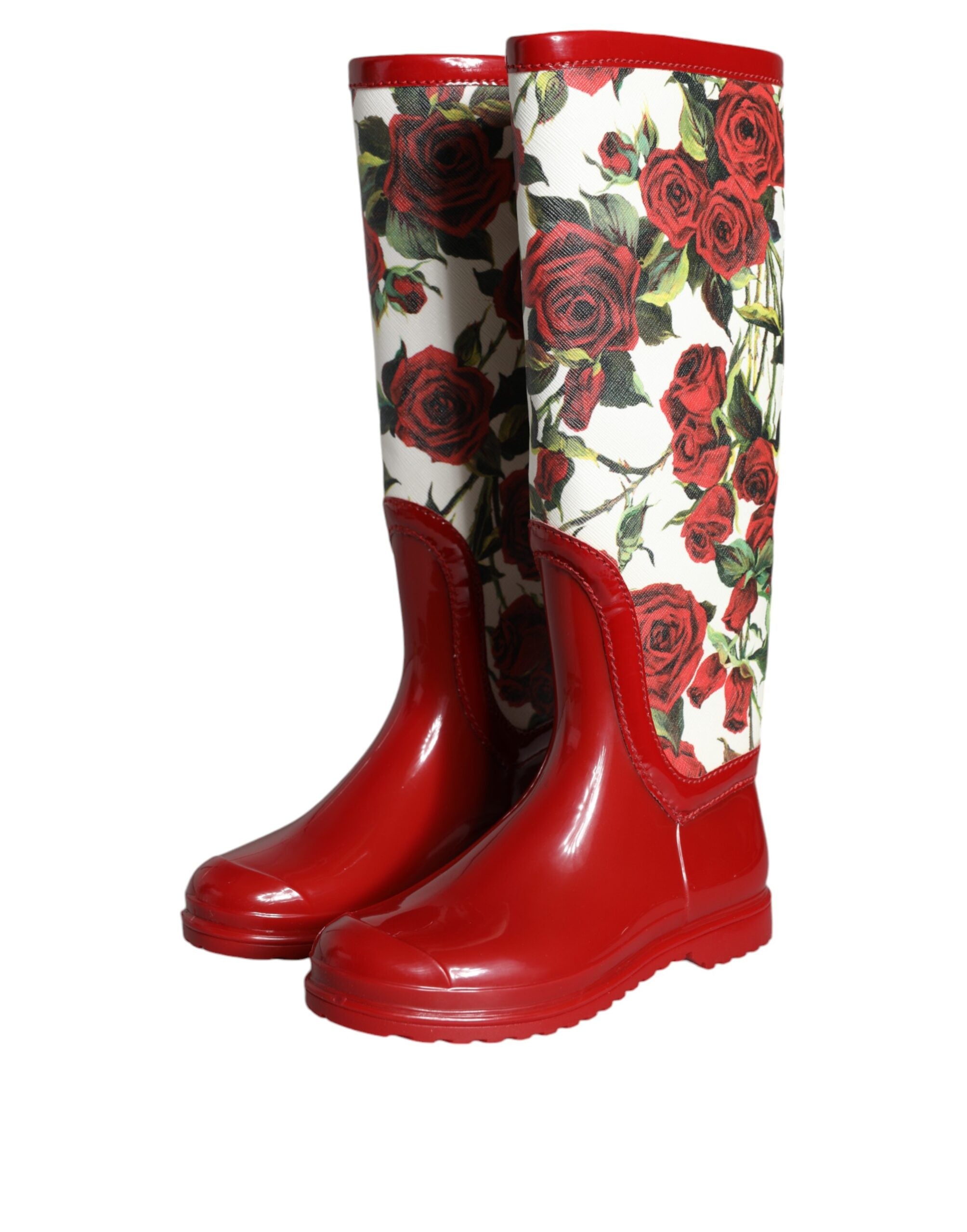 Red Floral Rubber Knee High Flat Boots Shoes - ventzia