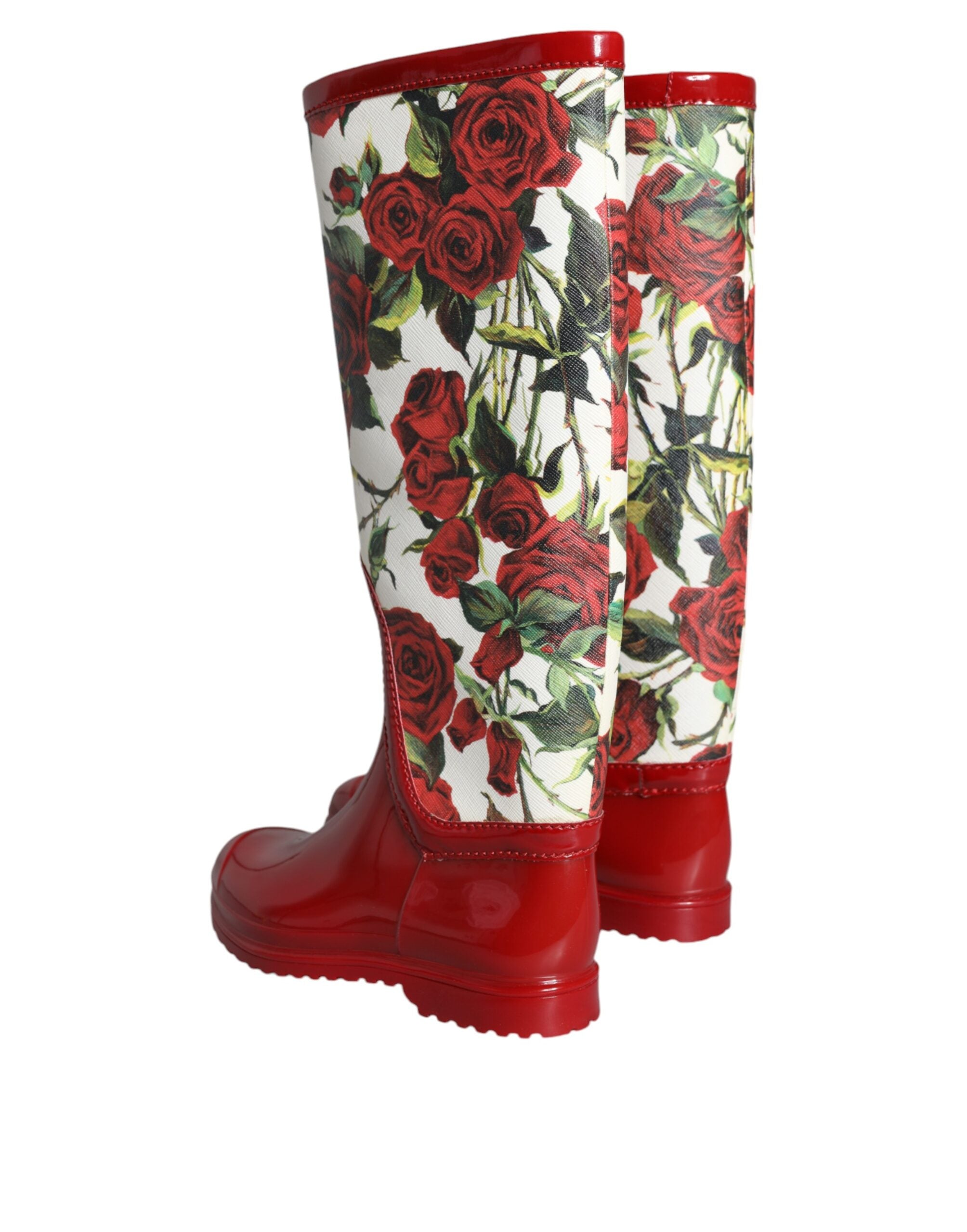Red Floral Rubber Knee High Flat Boots Shoes - ventzia
