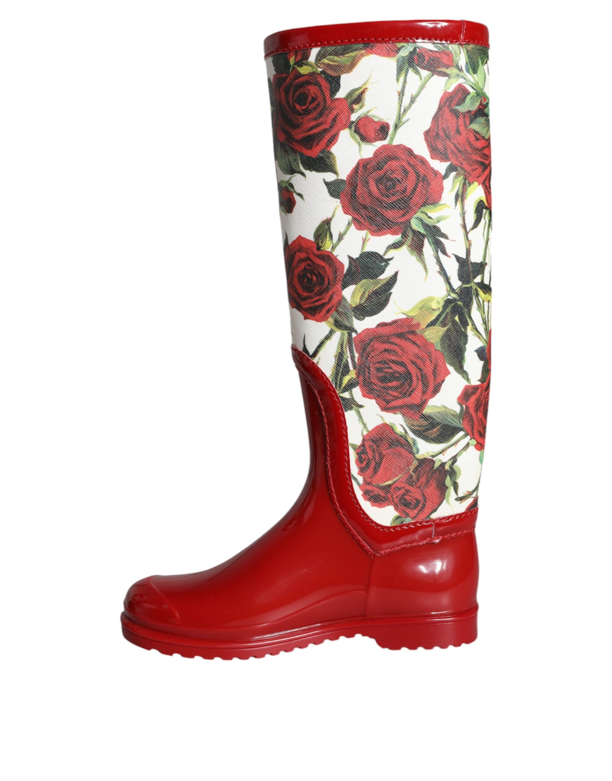 Red Floral Rubber Knee High Flat Boots Shoes - ventzia