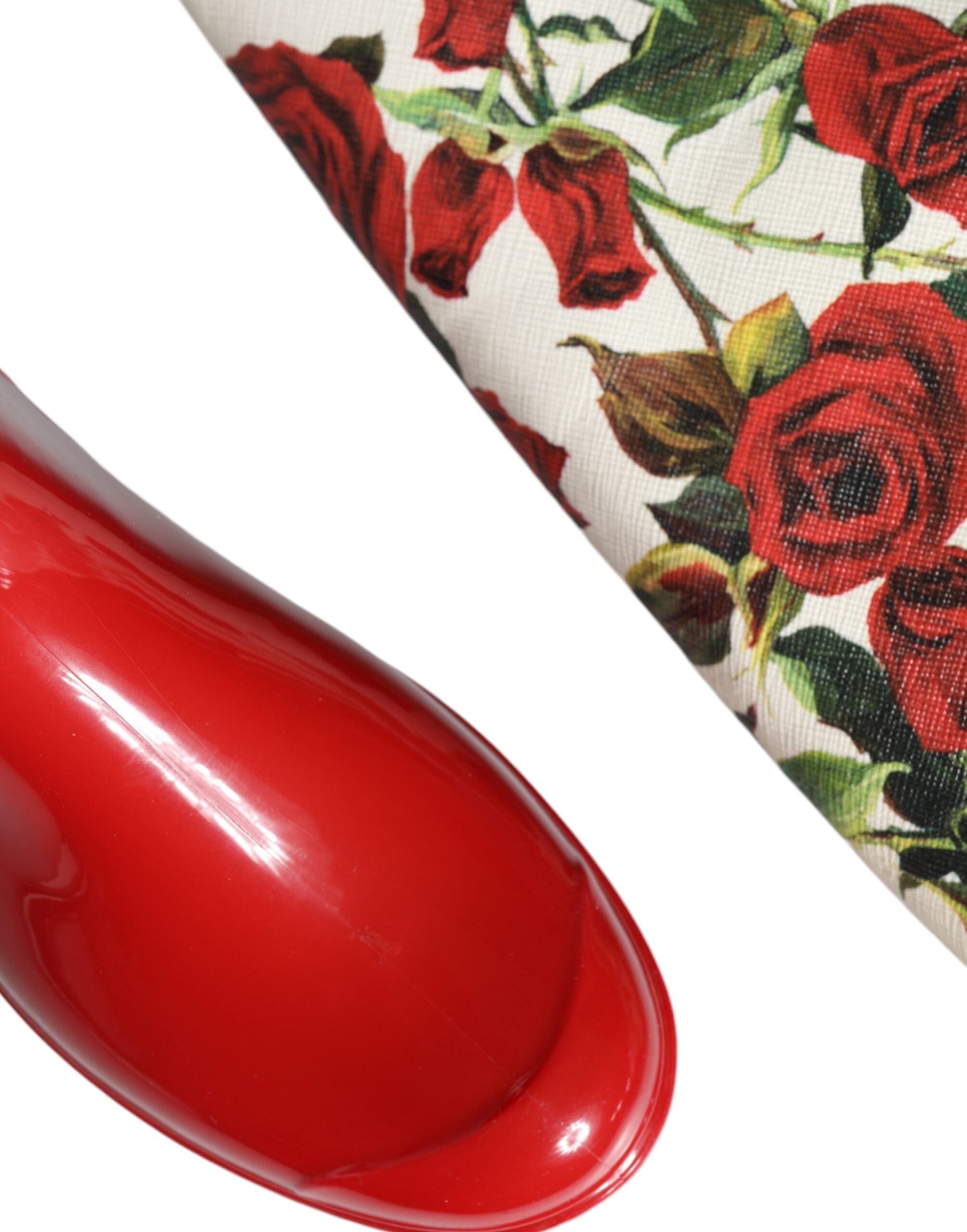 Red Floral Rubber Knee High Flat Boots Shoes - ventzia
