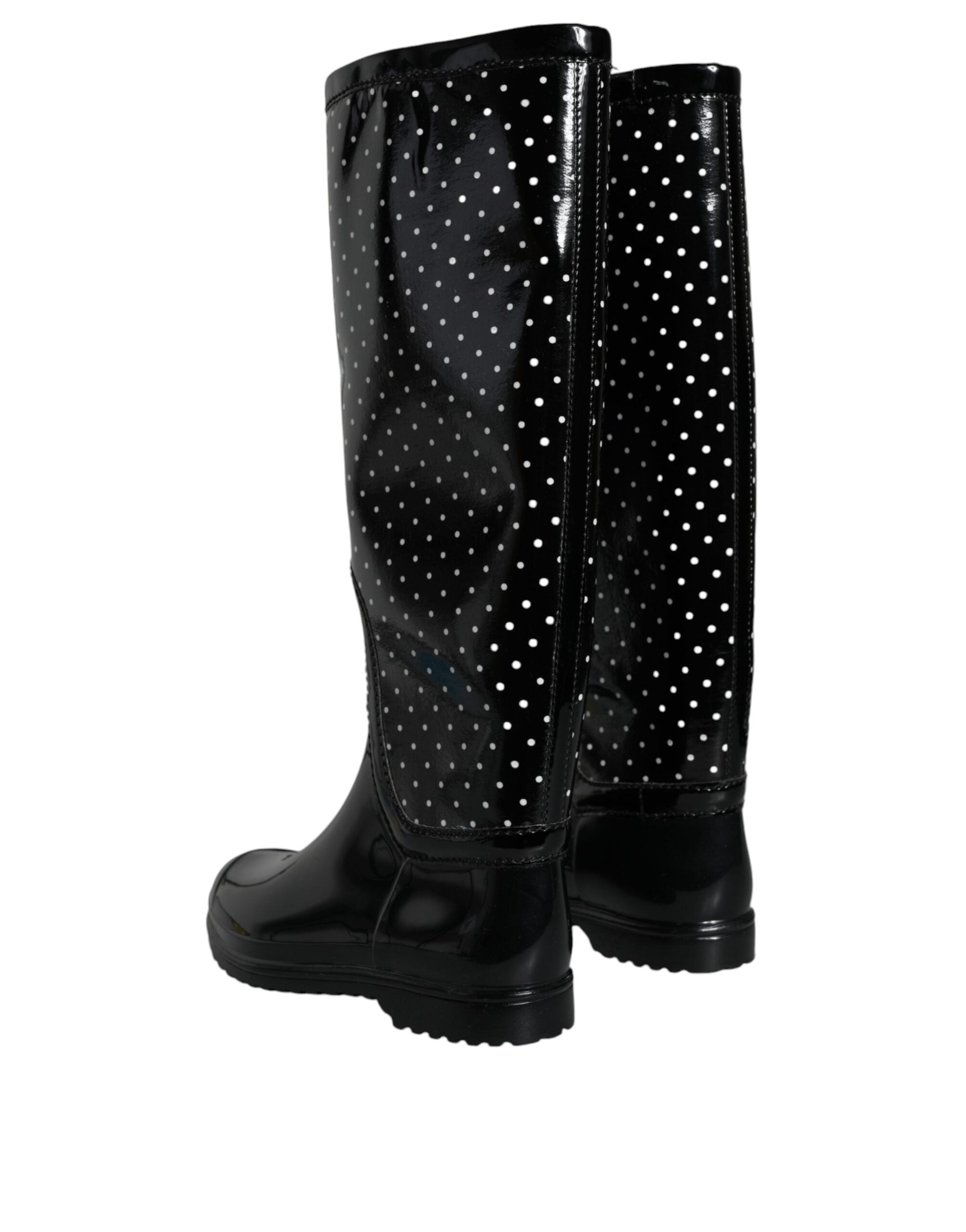 Black Polka Dot Rubber Knee High Boots Shoes - ventzia