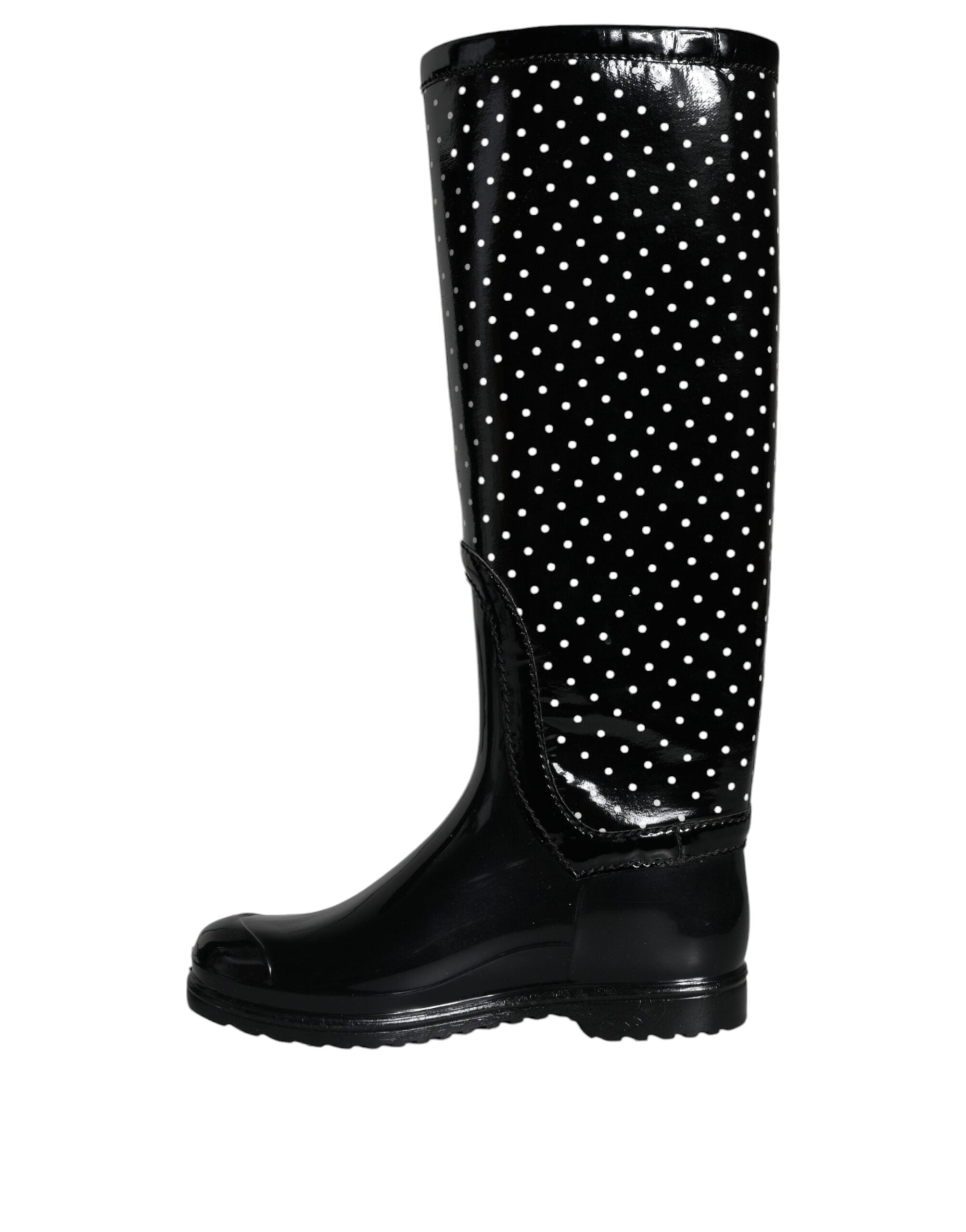Black Polka Dot Rubber Knee High Boots Shoes - ventzia