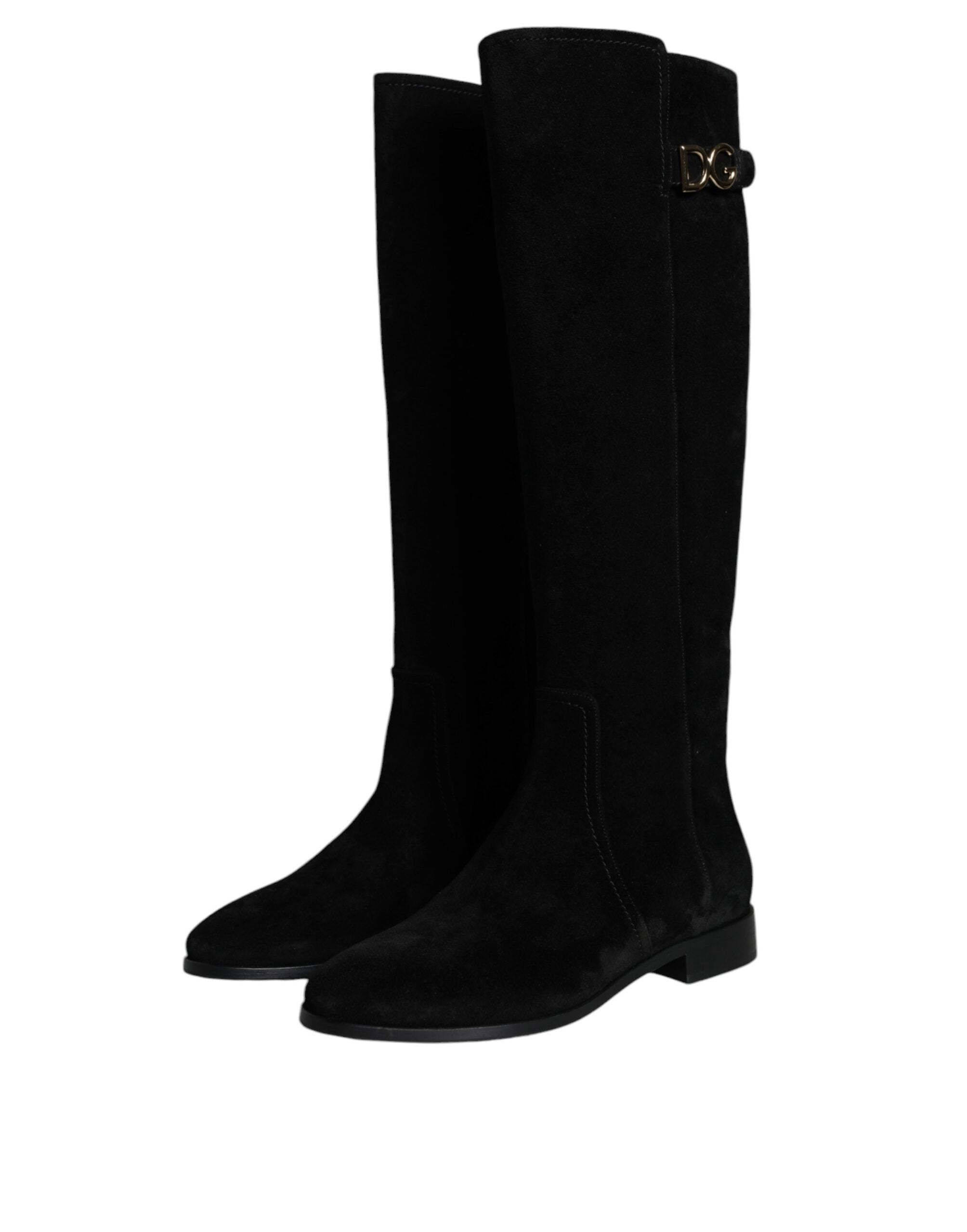 Black Suede Leather Knee High Boots Shoes - ventzia