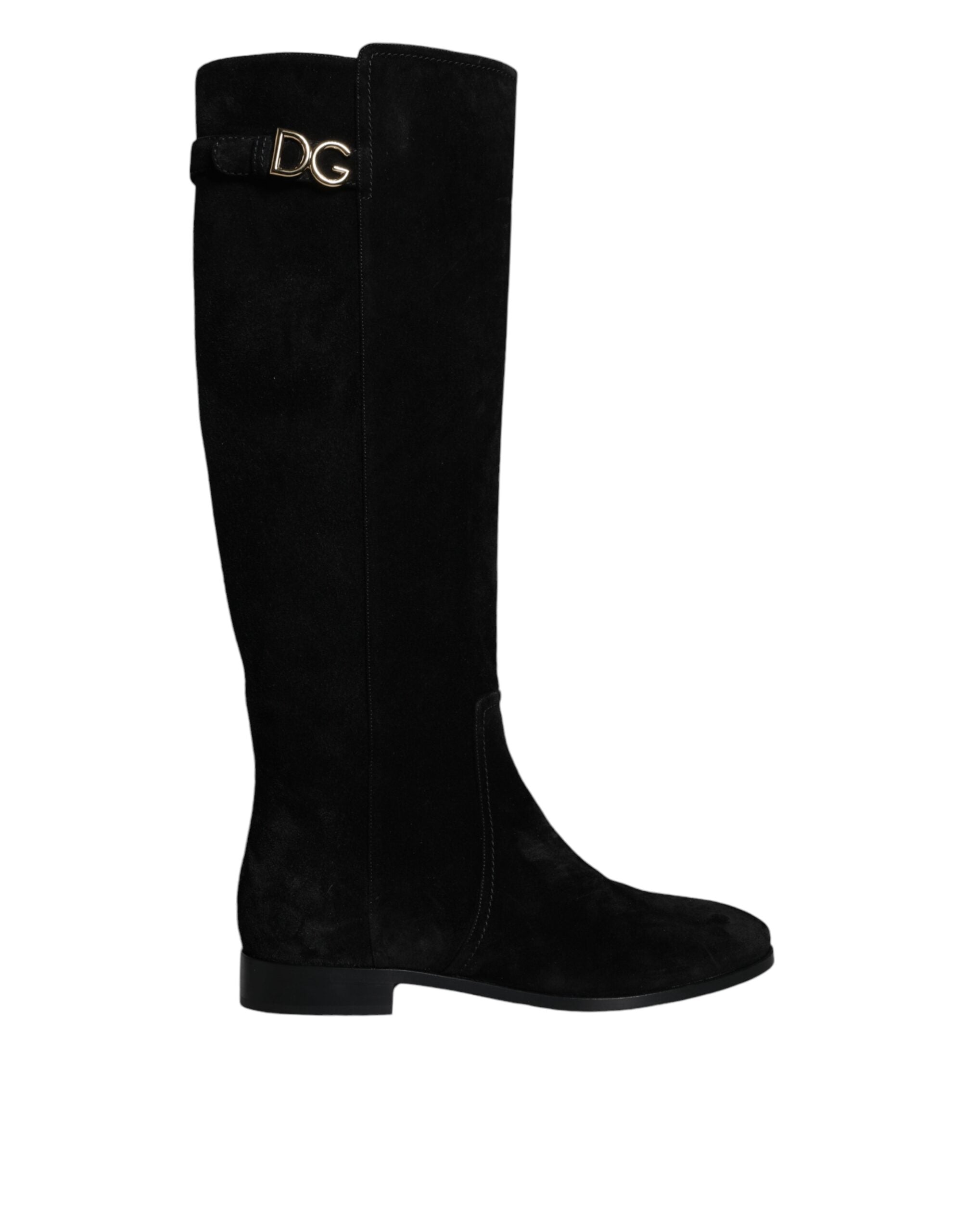 Black Suede Leather Knee High Boots Shoes - ventzia