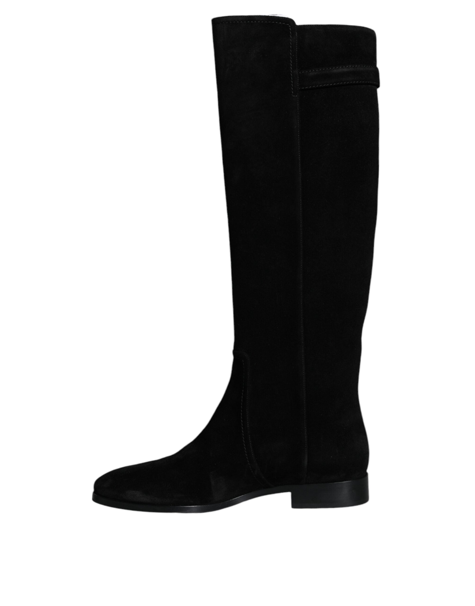 Black Suede Leather Knee High Boots Shoes - ventzia