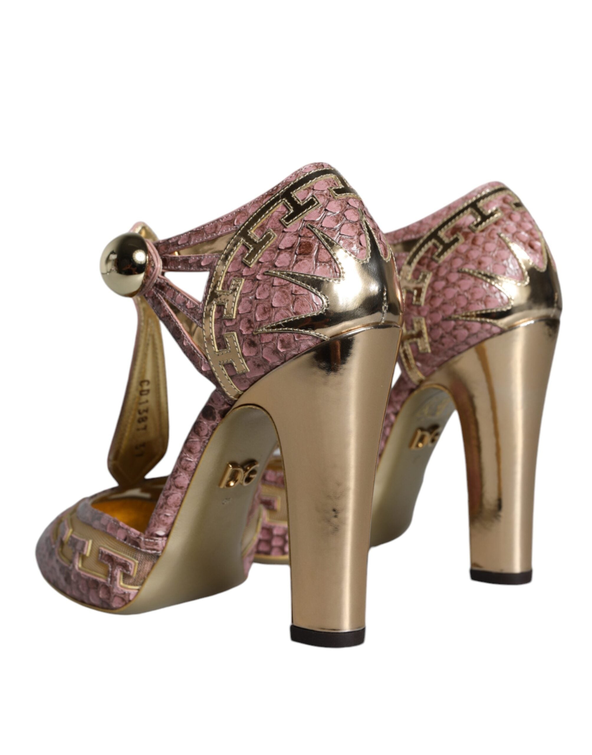 Pink Gold Leather Pumps T-strap Sandals Shoes - ventzia