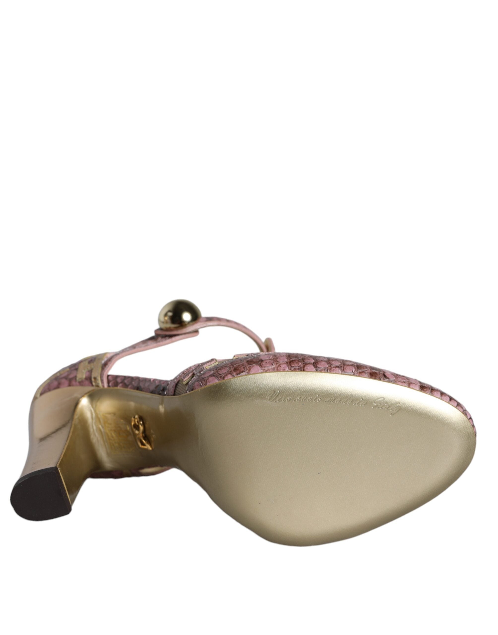 Pink Gold Leather Pumps T-strap Sandals Shoes - ventzia