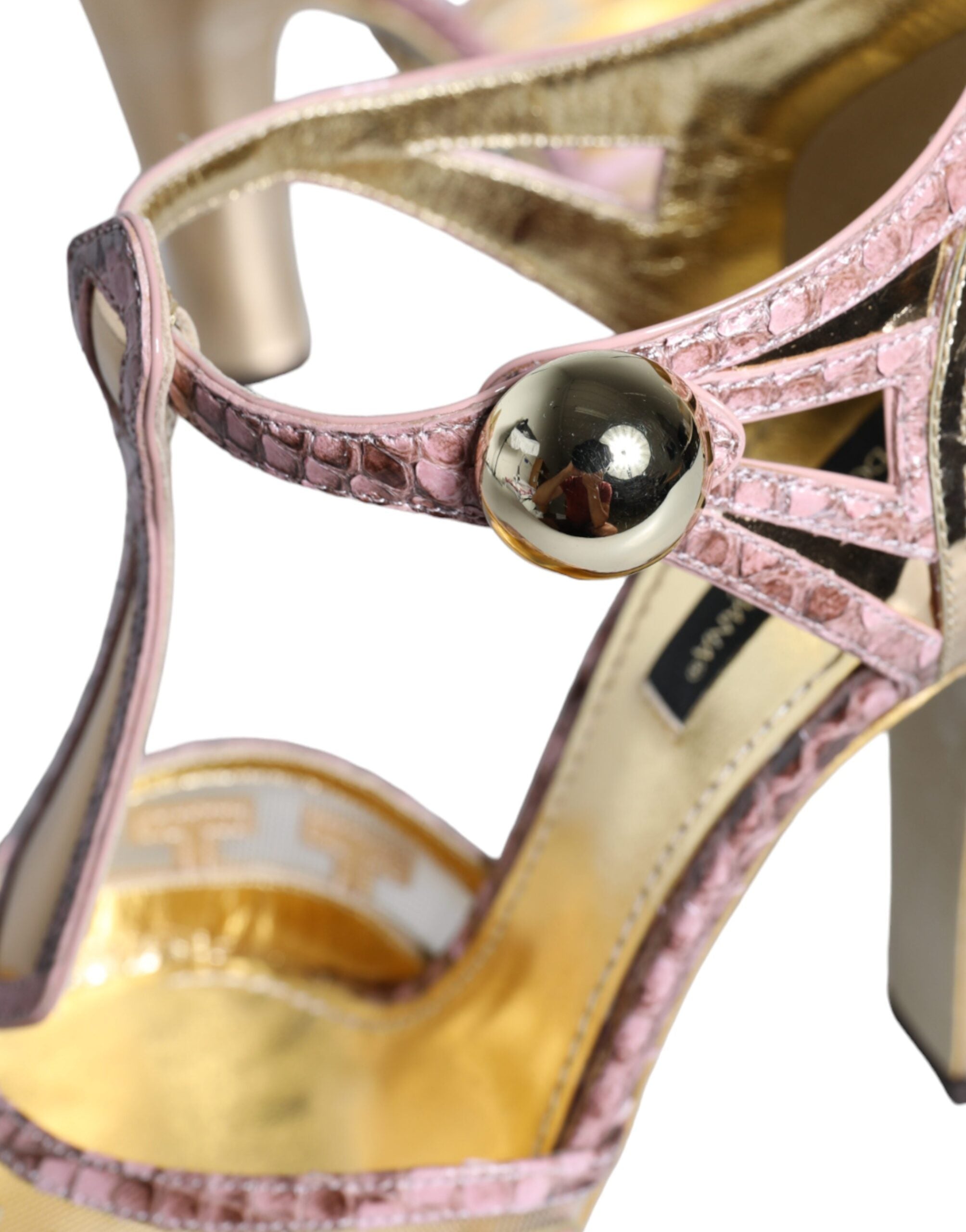 Pink Gold Leather Pumps T-strap Sandals Shoes - ventzia