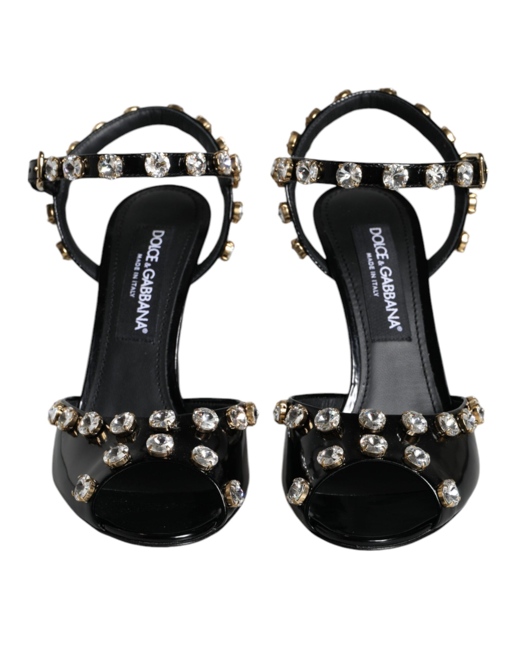 Black Leather Crystal Ankle Strap Sandals Shoes - ventzia