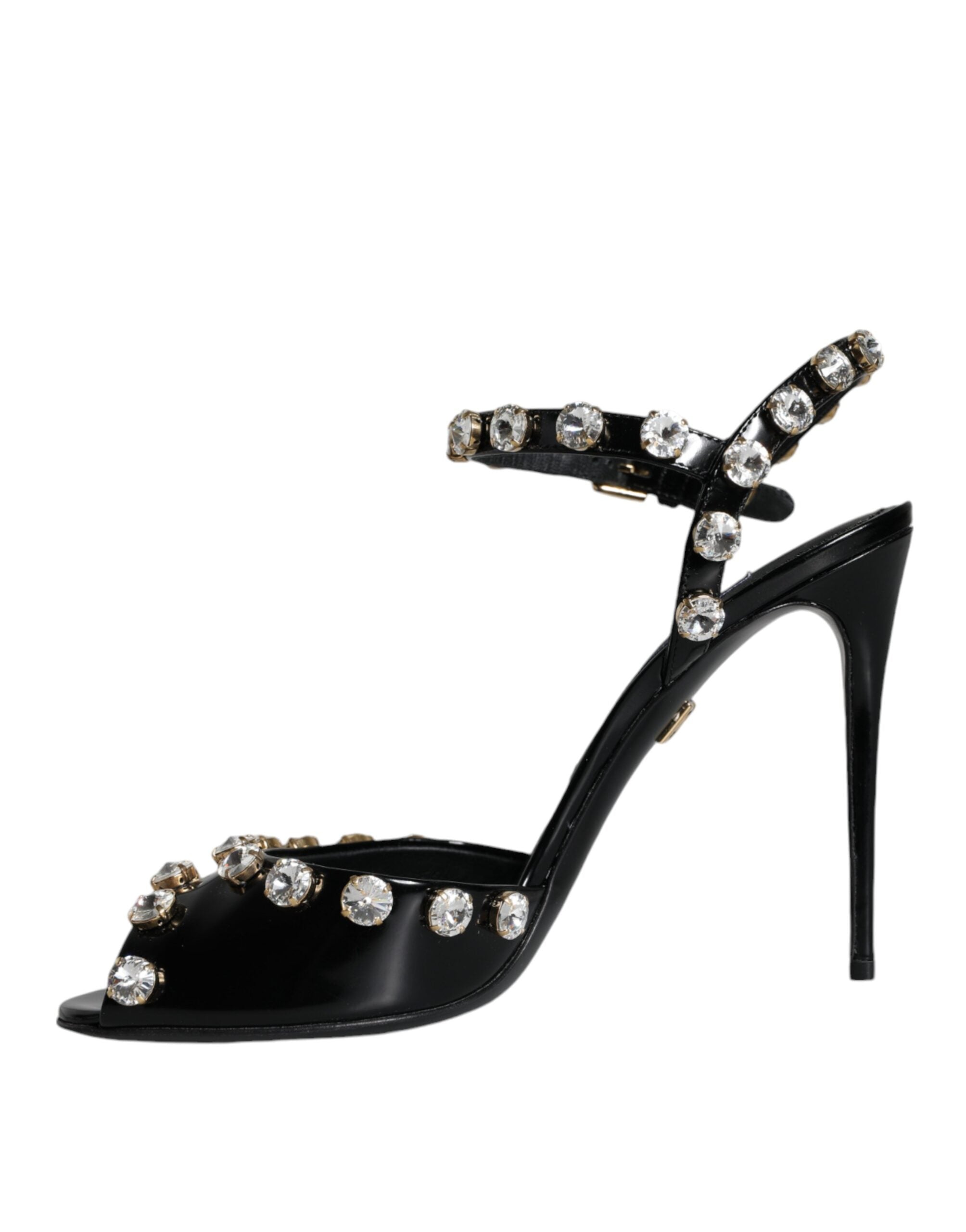Black Leather Crystal Ankle Strap Sandals Shoes - ventzia