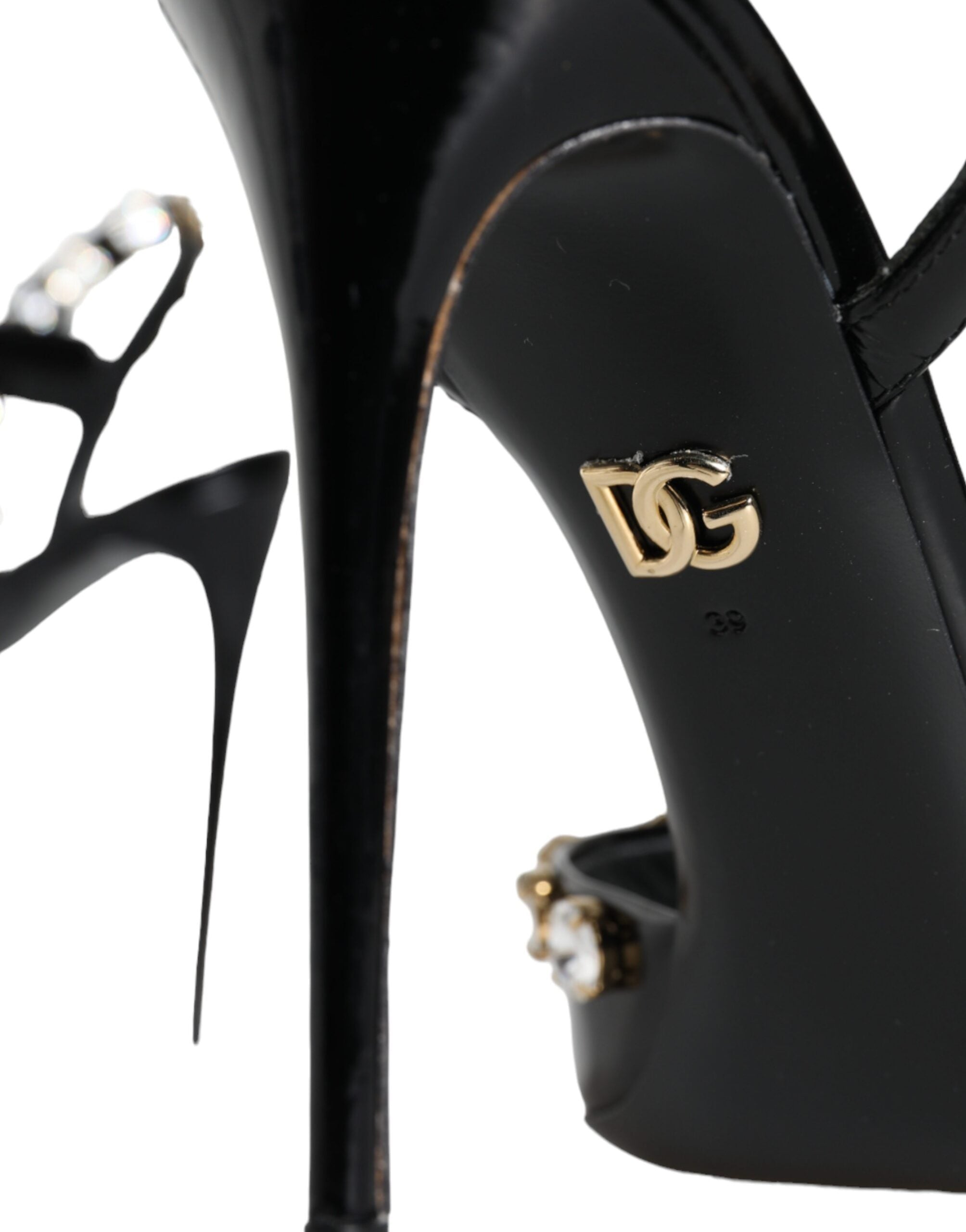 Black Leather Crystal Ankle Strap Sandals Shoes - ventzia