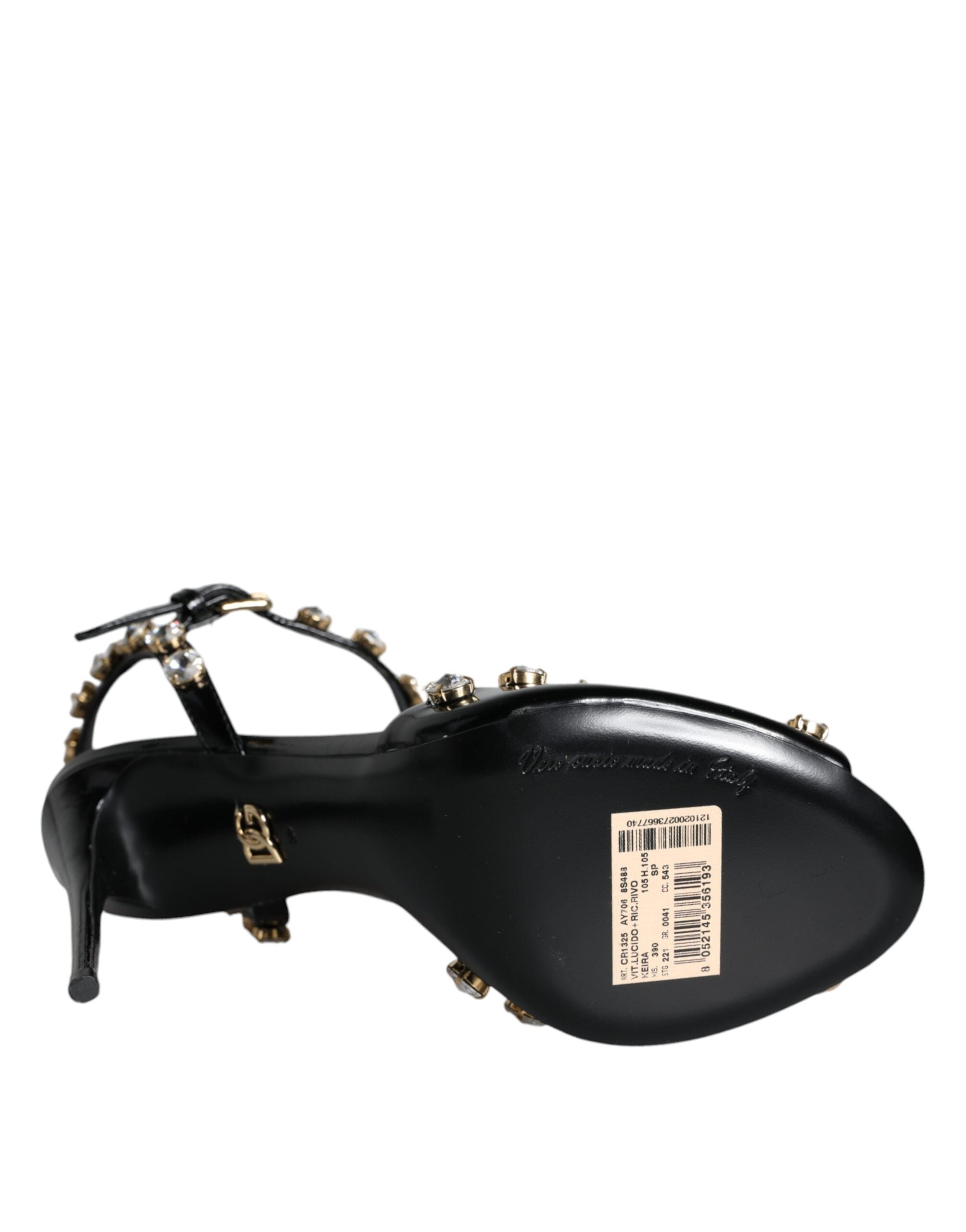 Black Leather Crystal Ankle Strap Sandals Shoes - ventzia