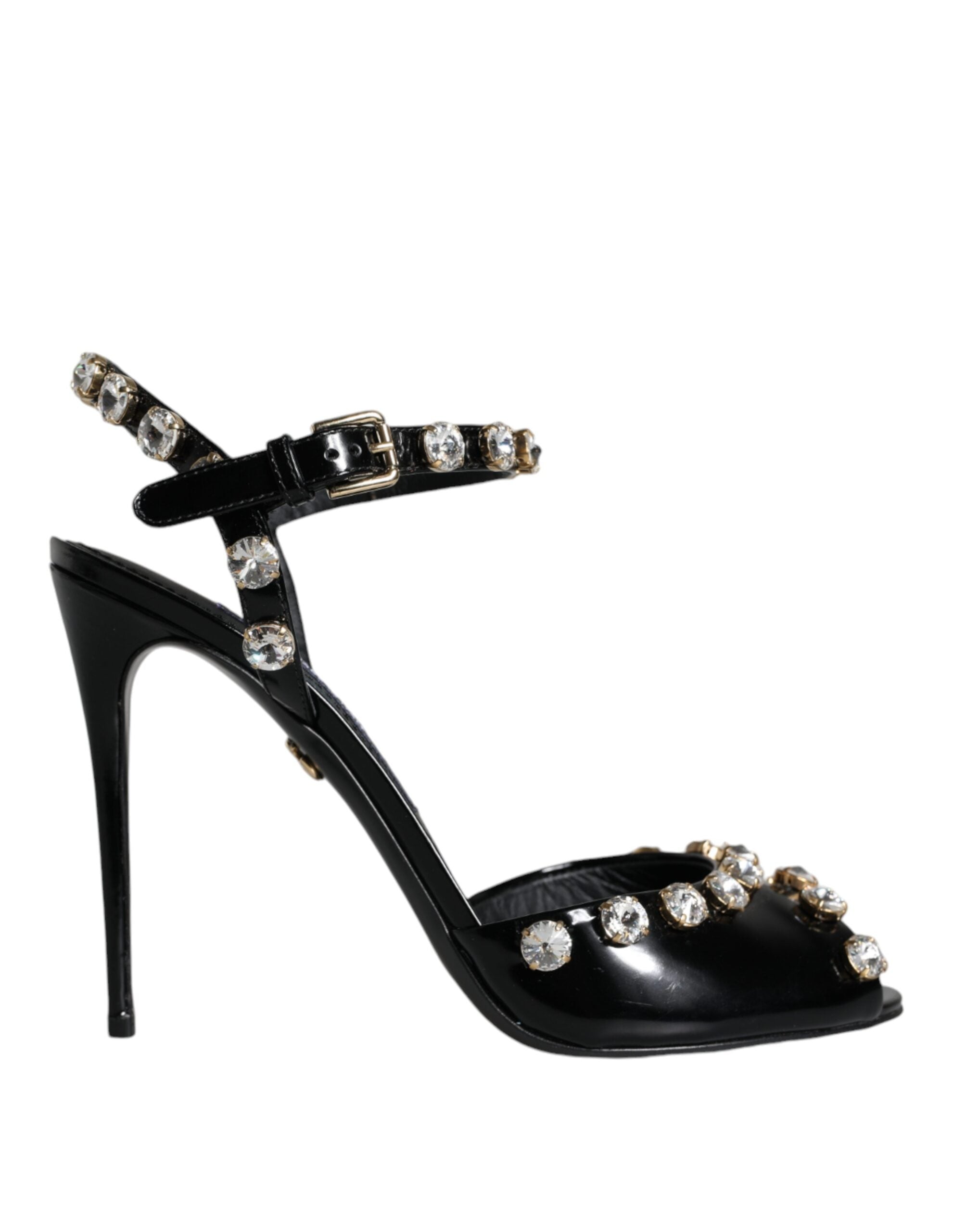 Black Leather Crystal Ankle Strap Sandals Shoes - ventzia