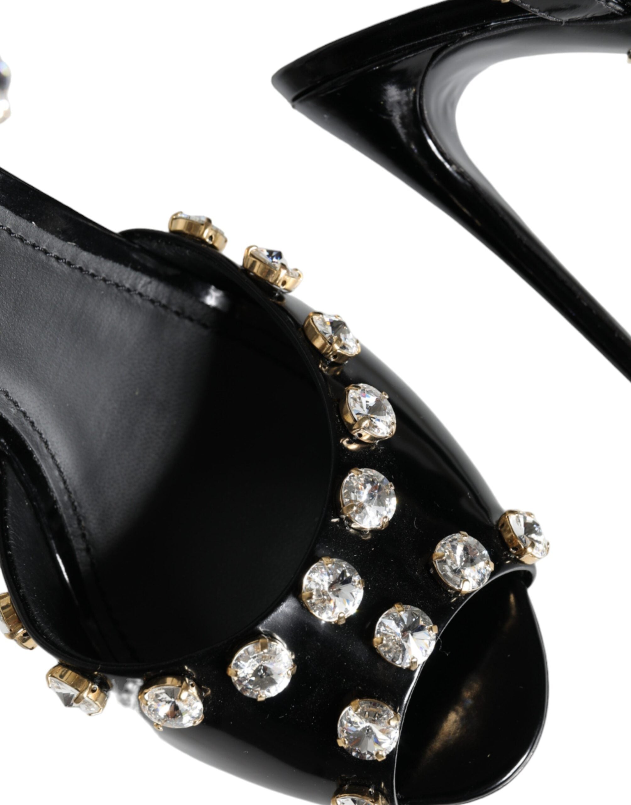 Black Leather Crystal Ankle Strap Sandals Shoes - ventzia