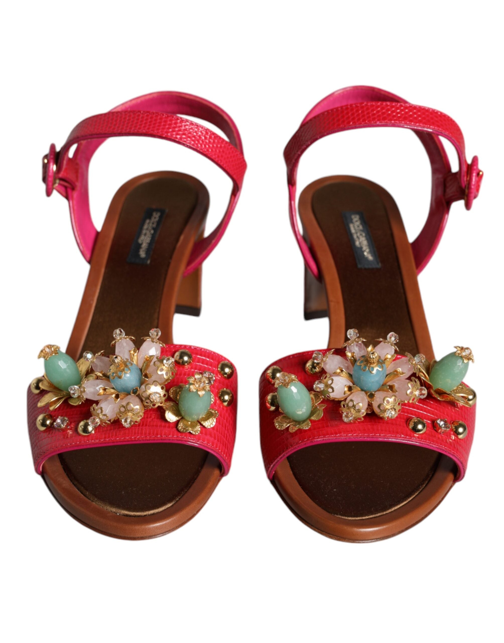 Fuchsia Leather Embellished Keira Sandals Shoes - ventzia
