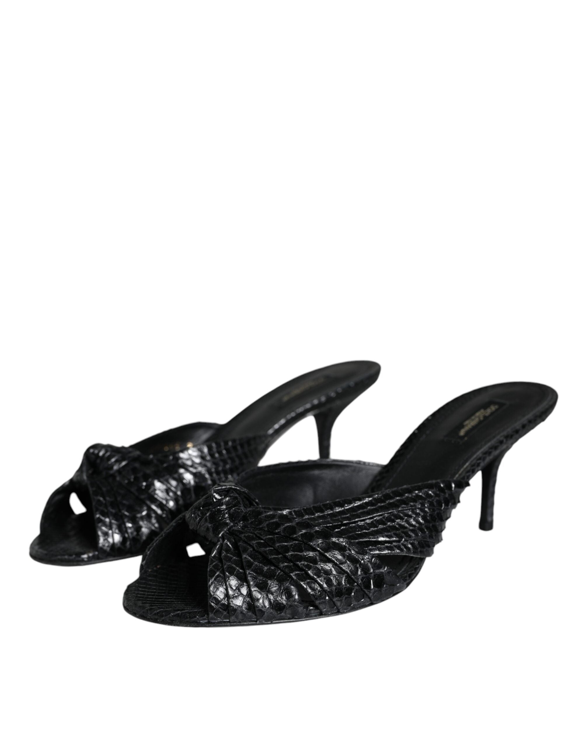 Black Leather Heels Slides Sandals Shoes - ventzia