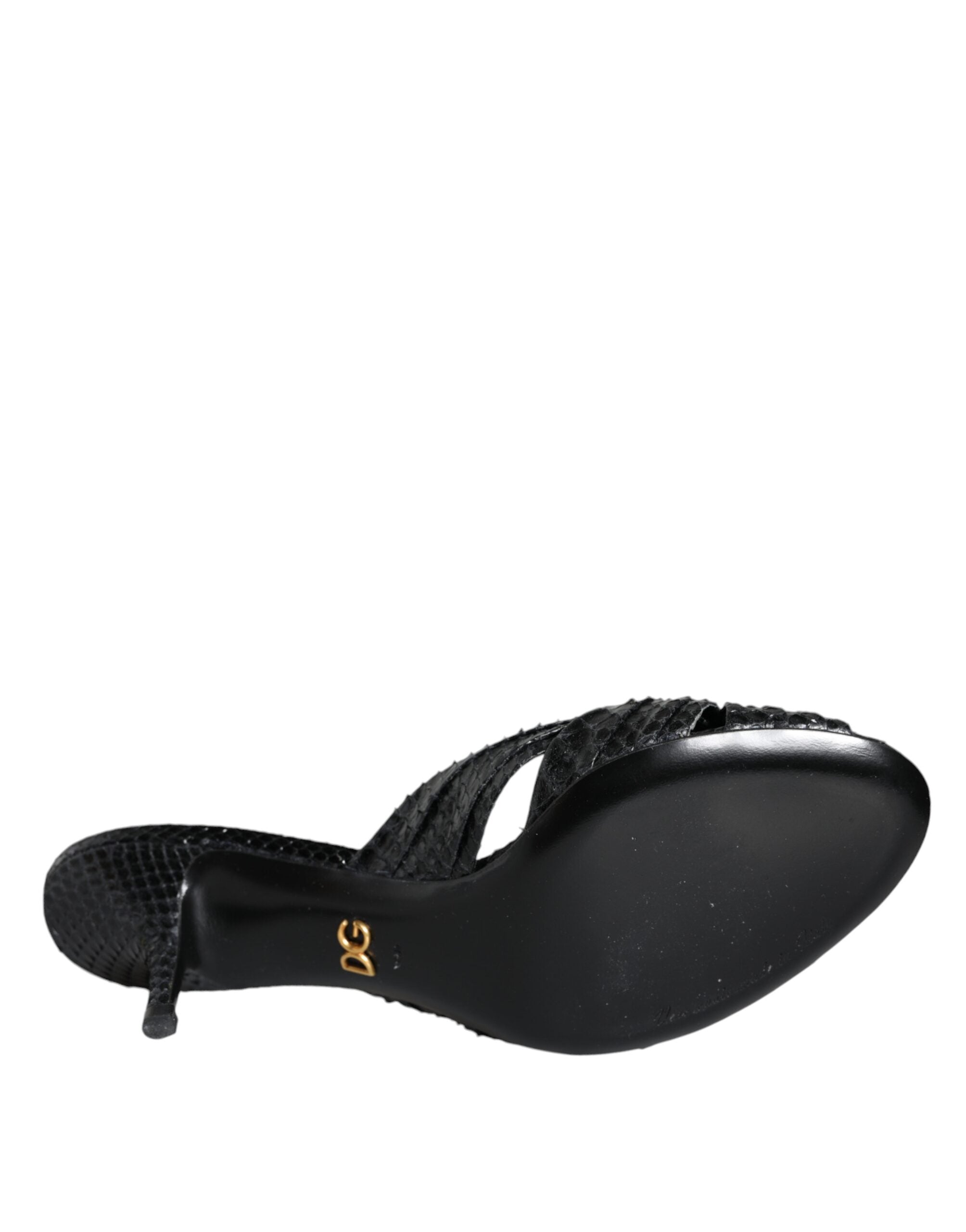 Black Leather Heels Slides Sandals Shoes - ventzia