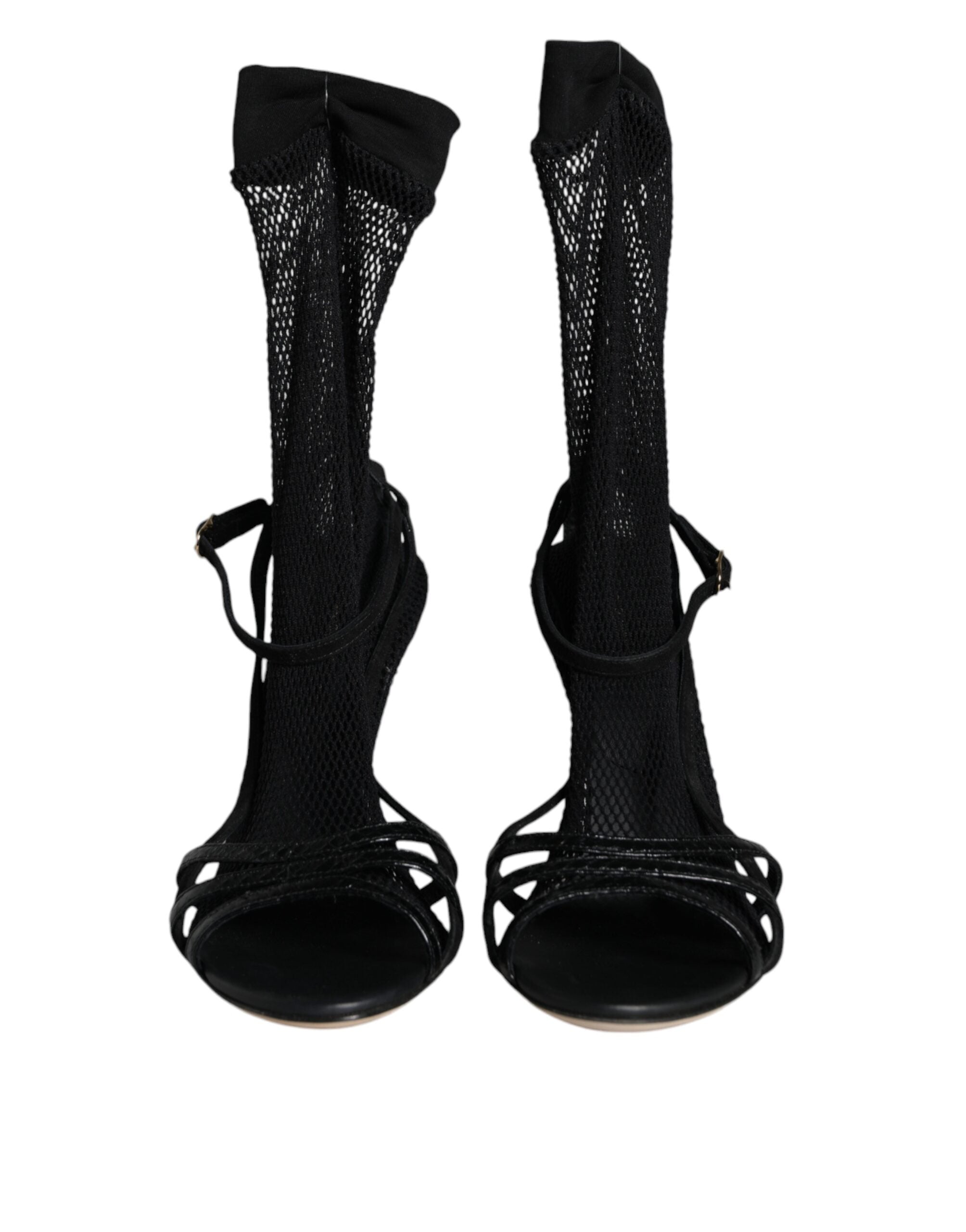 Black Mesh Stiletto Heels Sandals Shoes - ventzia