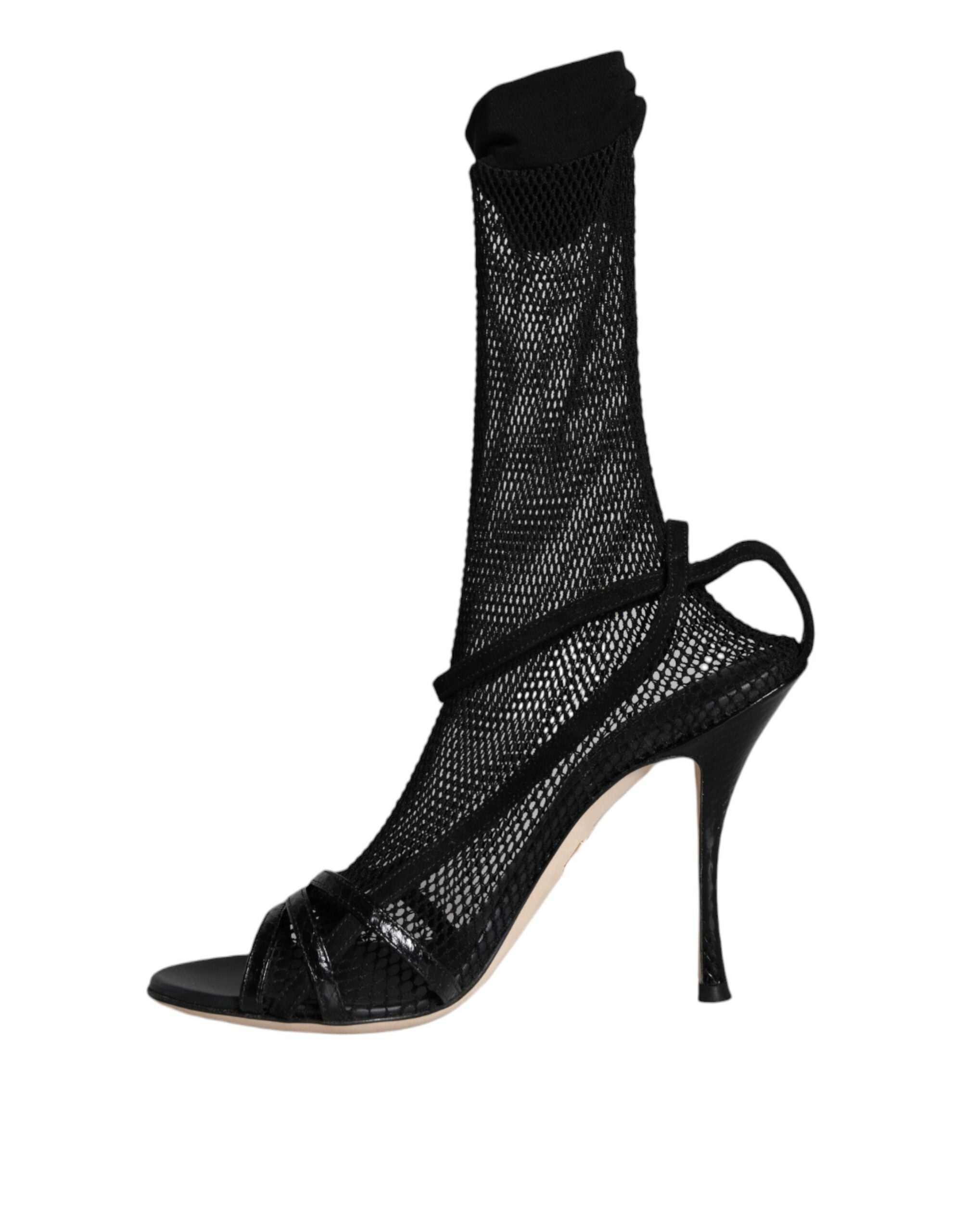 Black Mesh Stiletto Heels Sandals Shoes - ventzia