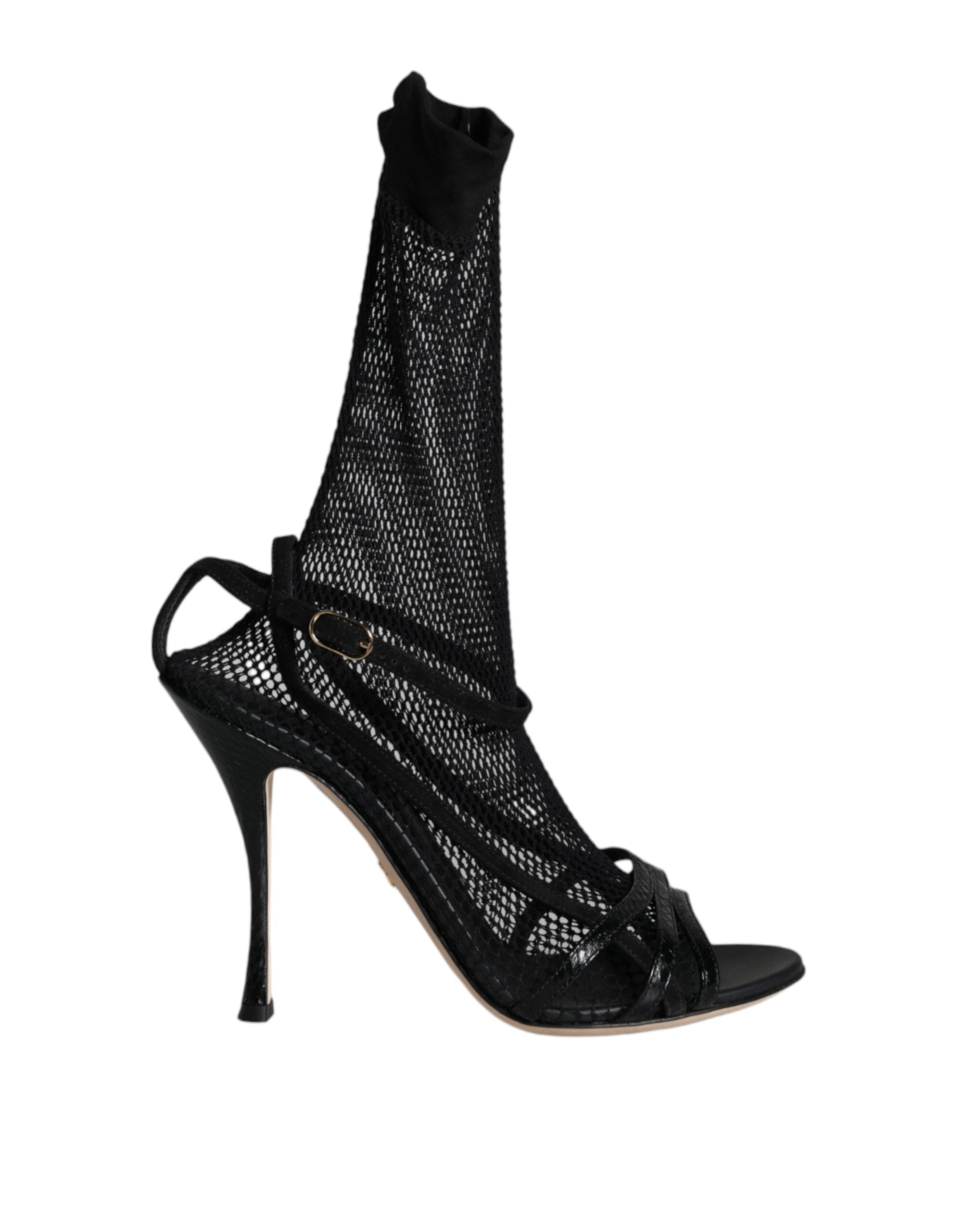 Black Mesh Stiletto Heels Sandals Shoes - ventzia