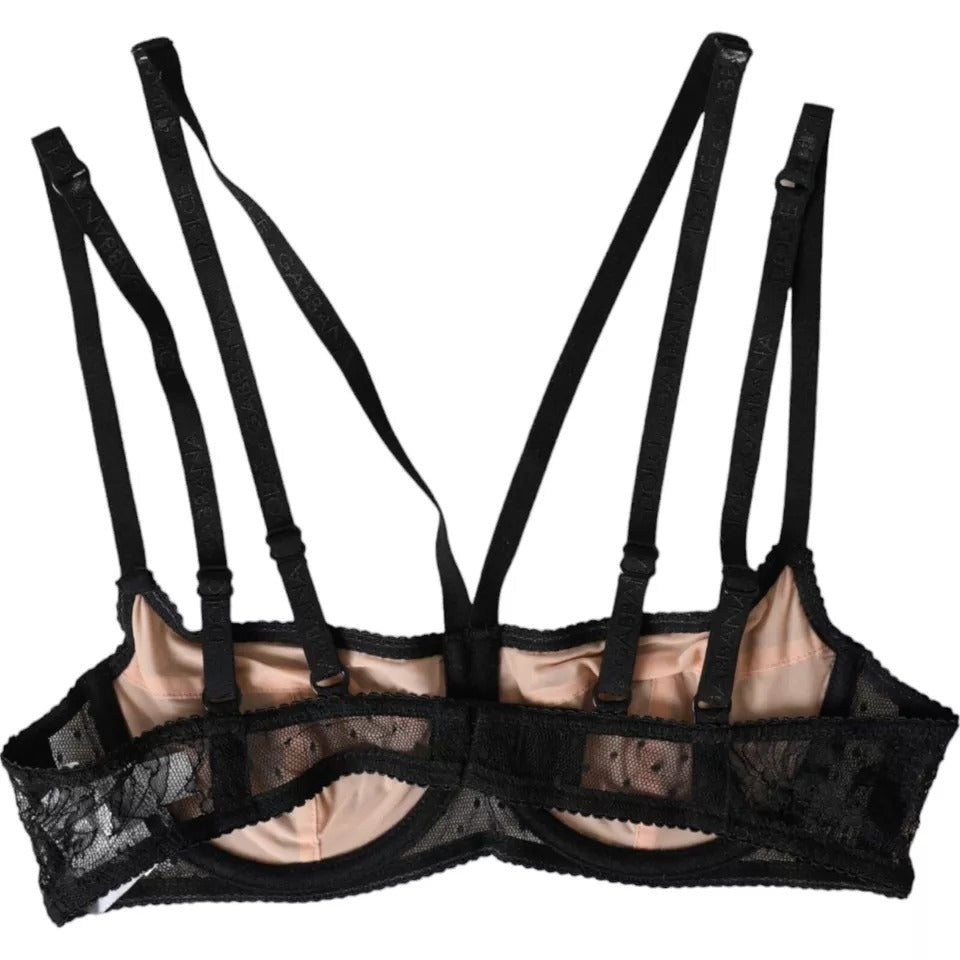 Black Floral Lace Nylon Balconcino Bra Underwear - ventzia