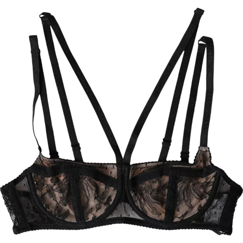 Black Floral Lace Nylon Balconcino Bra Underwear - ventzia