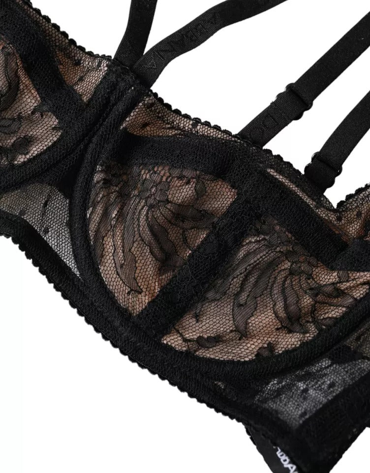 Black Floral Lace Nylon Balconcino Bra Underwear - ventzia