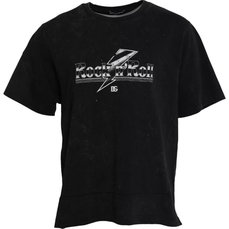 Black Graphic Print Cotton Crew Neck T-shirt - ventzia