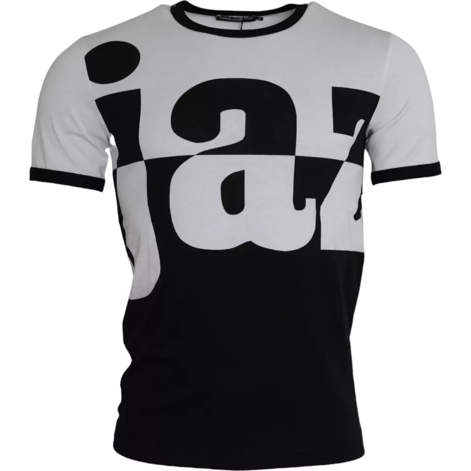 Black White Jazz Print Cotton Short Sleeves T-shirt - ventzia
