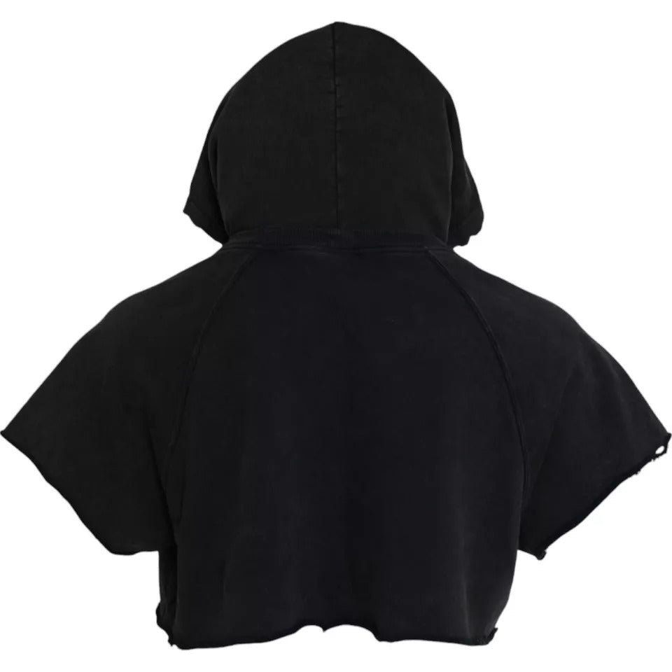 Black Cotton Hooded Short Sleeves Cropped T-shirt - ventzia