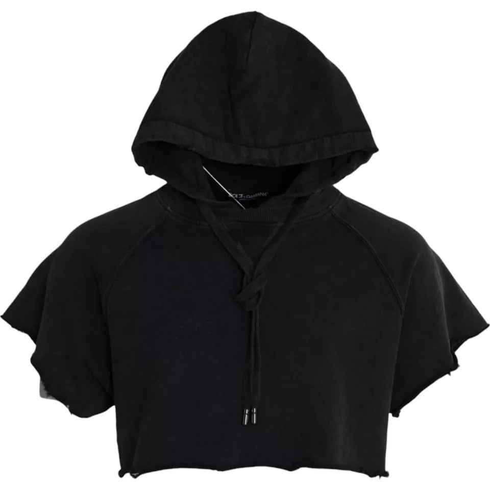 Black Cotton Hooded Short Sleeves Cropped T-shirt - ventzia