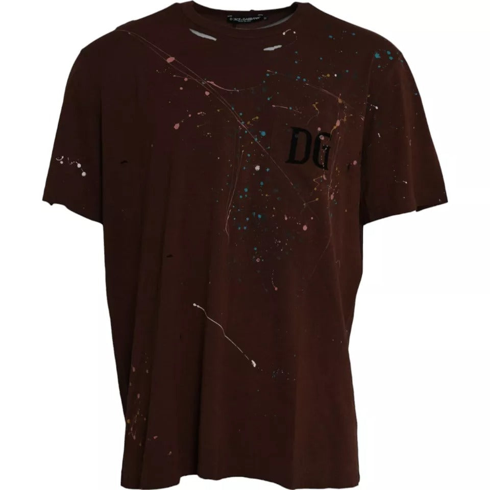 Brown Color Splash Cotton Crew Neck T-shirt - ventzia