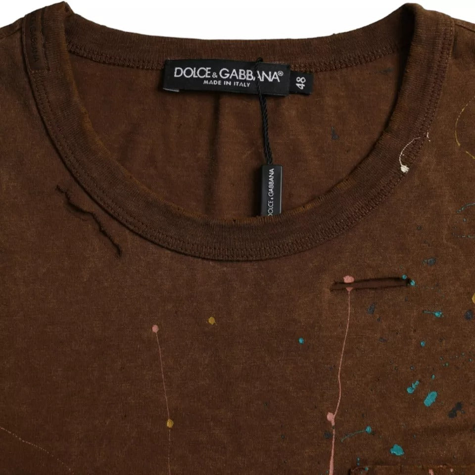 Brown Color Splash Cotton Crew Neck T-shirt - ventzia