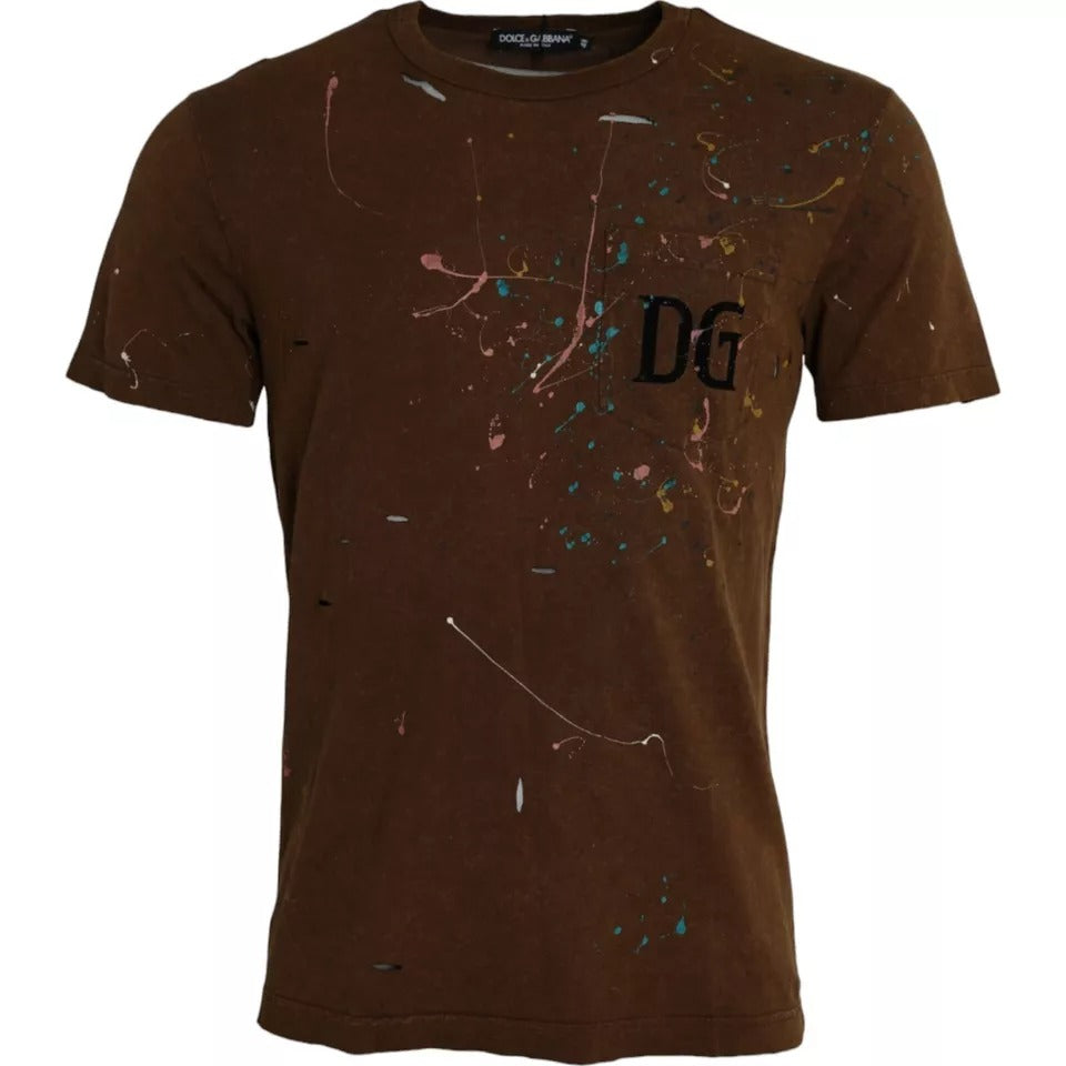 Brown Color Splash Cotton Crew Neck T-shirt - ventzia