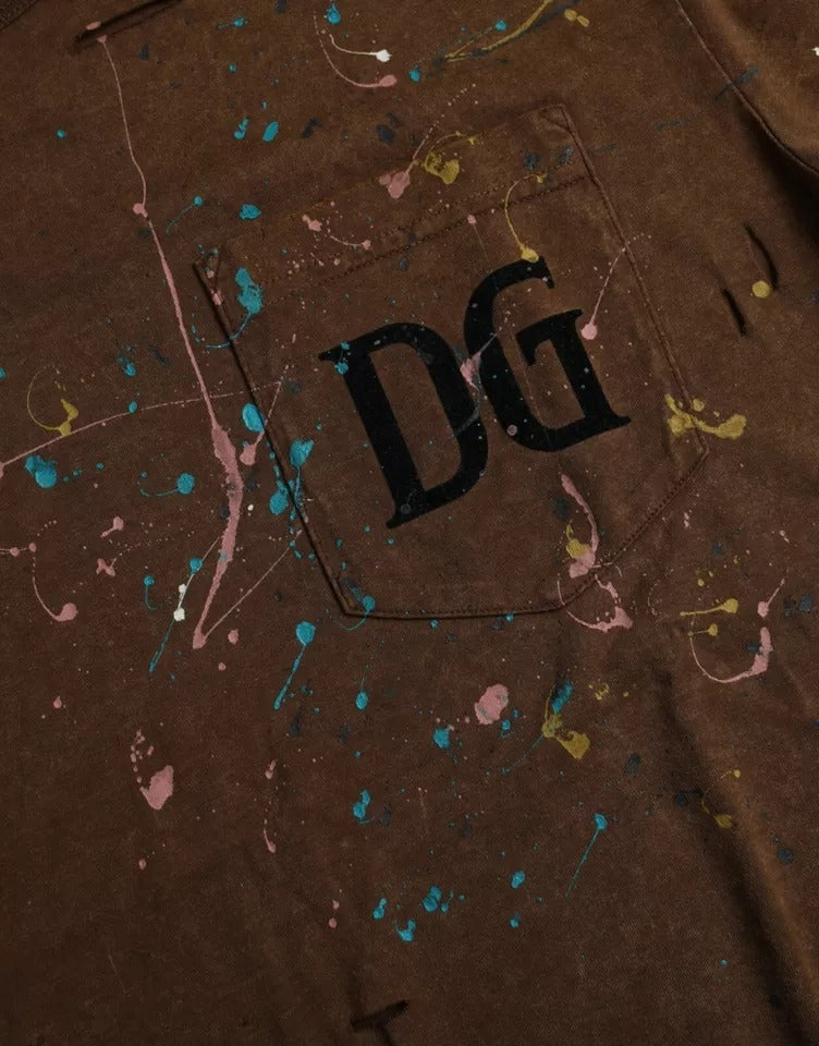 Brown Color Splash Cotton Crew Neck T-shirt - ventzia