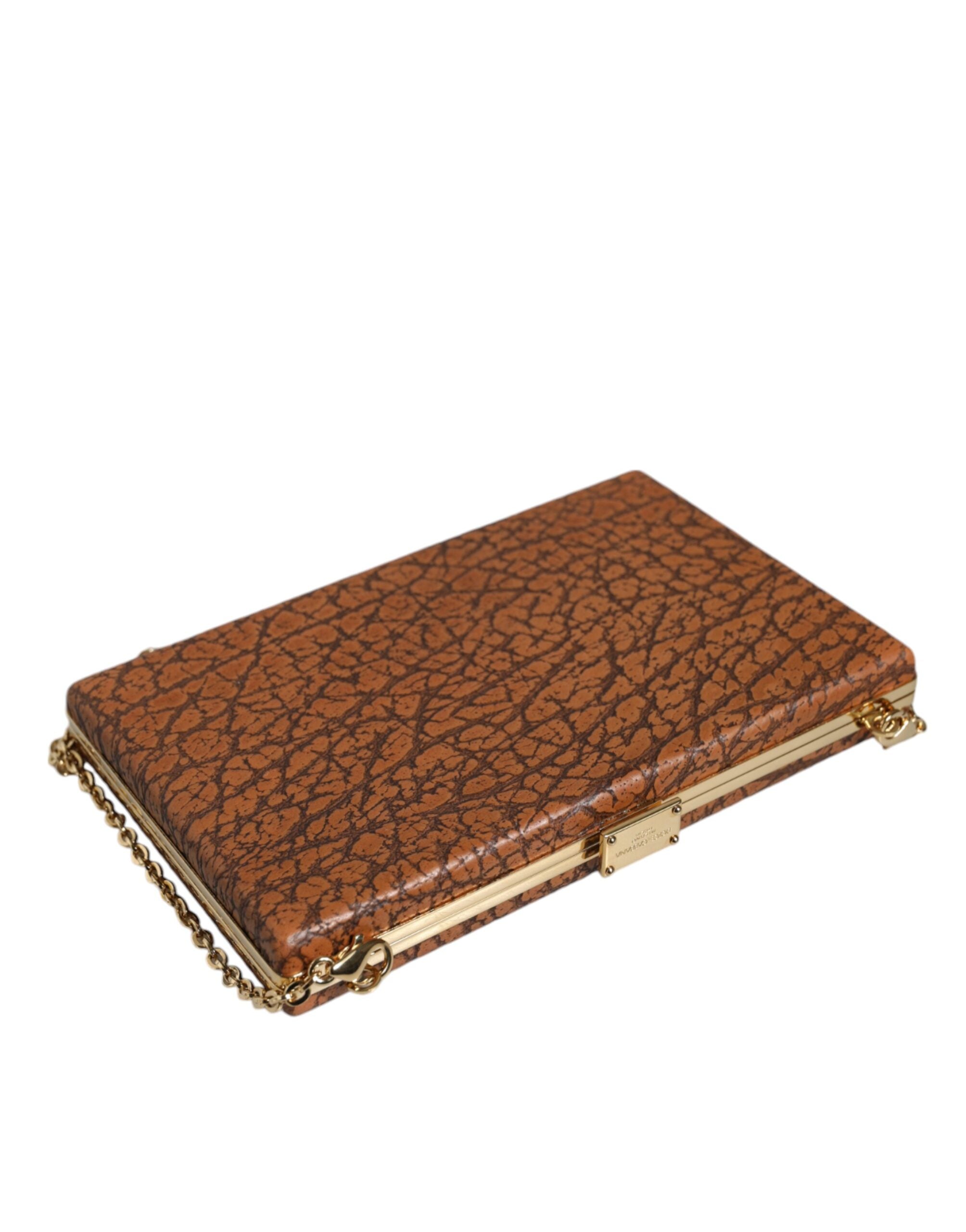 Brown Leather Gold Frame Clutch Mini Crossbody Bag - ventzia