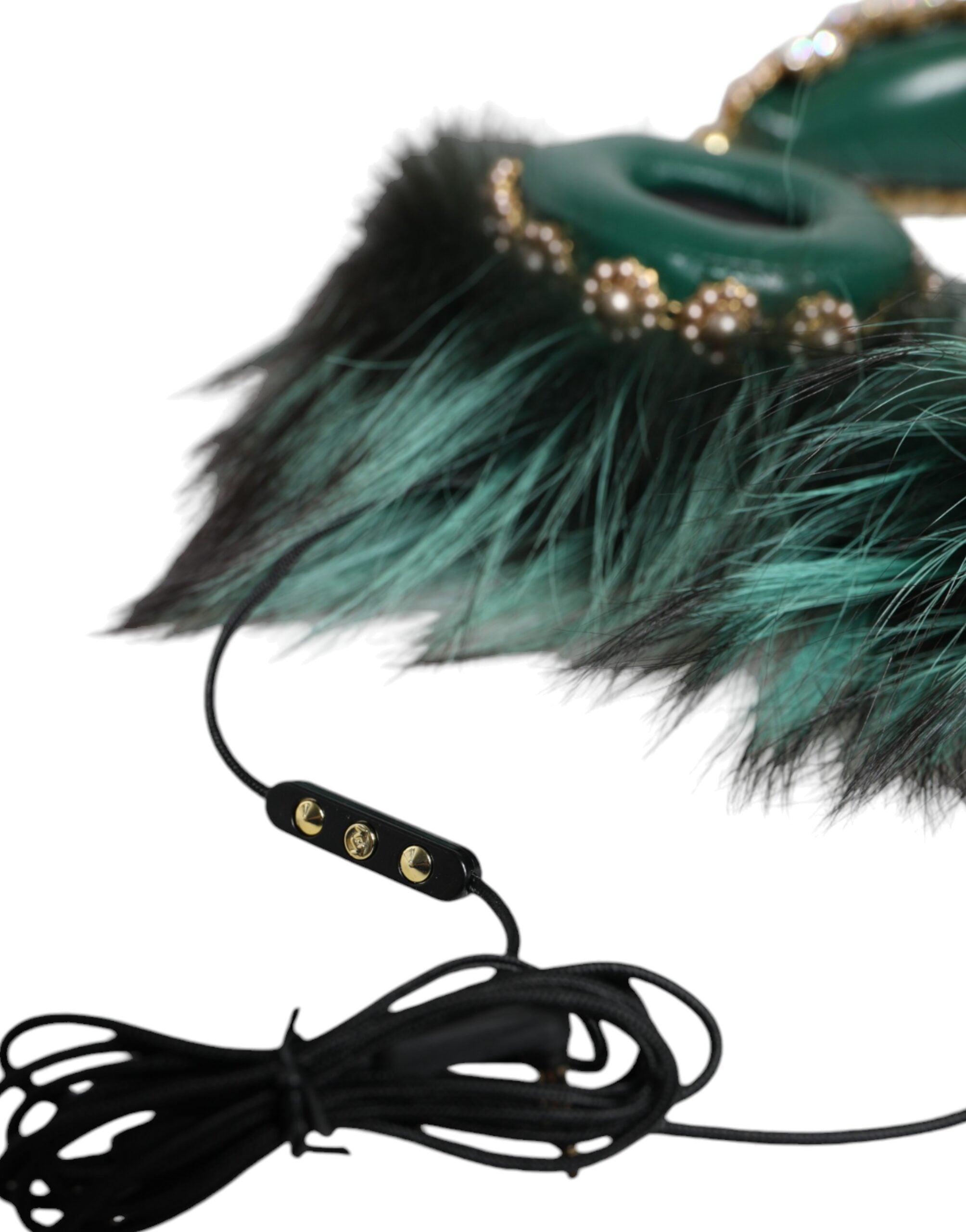 Green Gold Crystal Fur Headset Audio AUX Headphones - ventzia