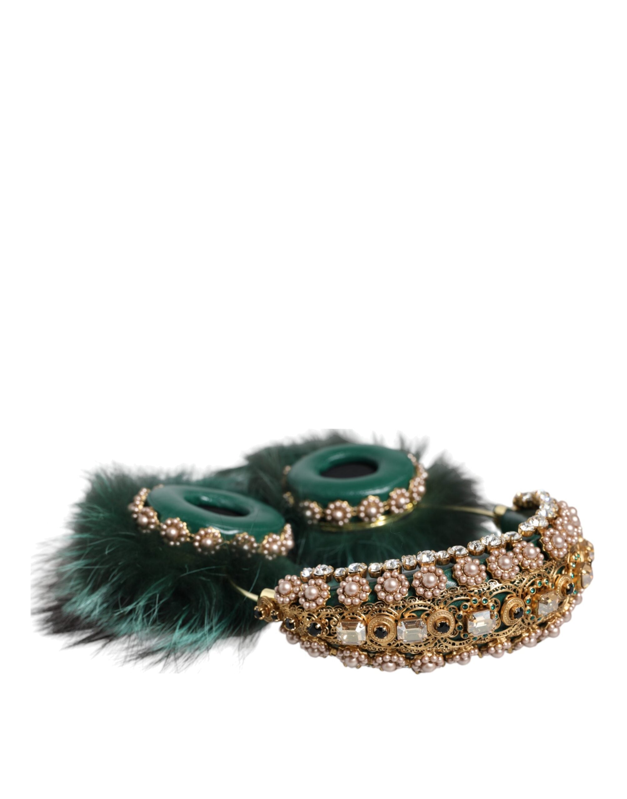 Green Gold Crystal Fur Headset Audio AUX Headphones - ventzia