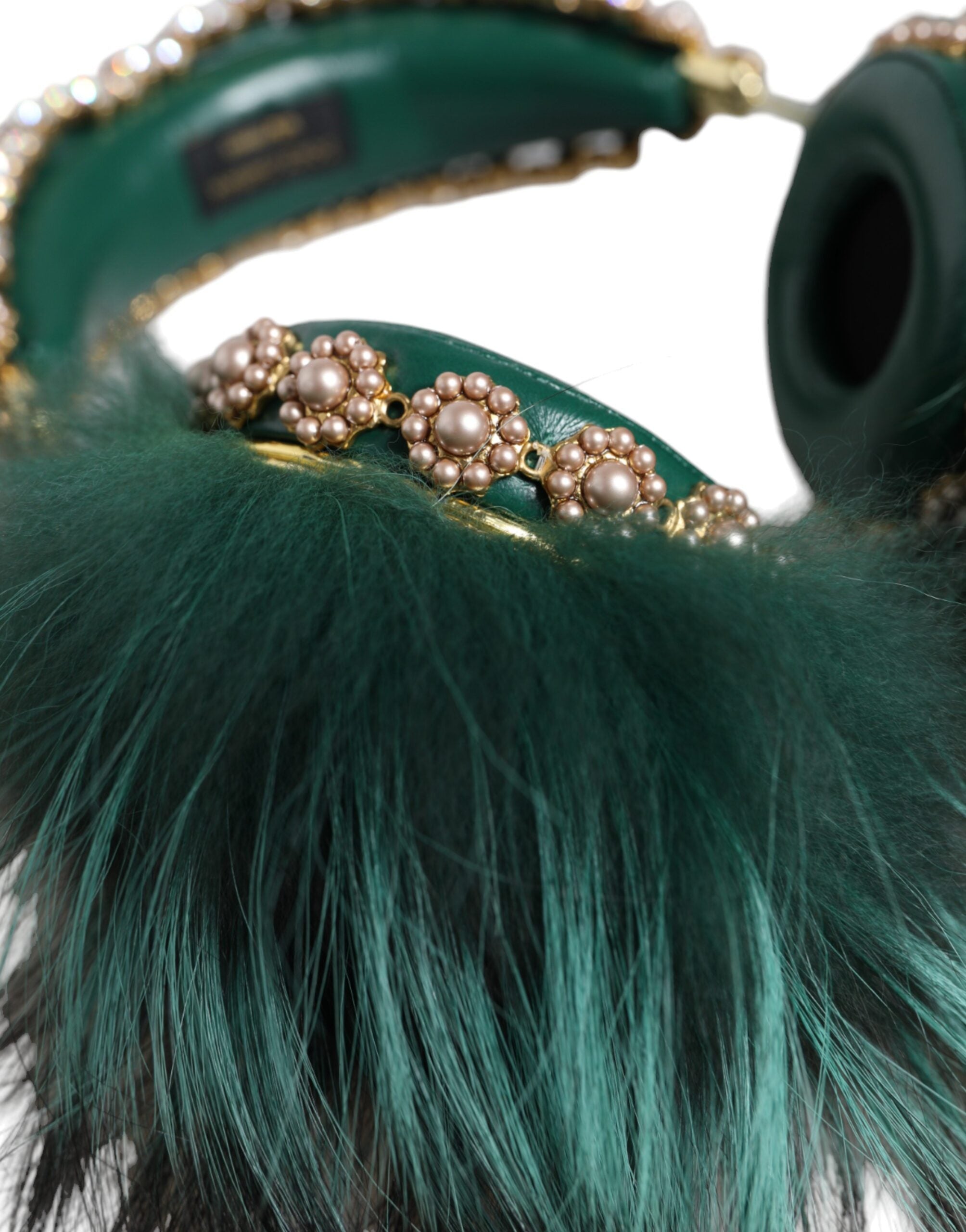 Green Gold Crystal Fur Headset Audio AUX Headphones - ventzia