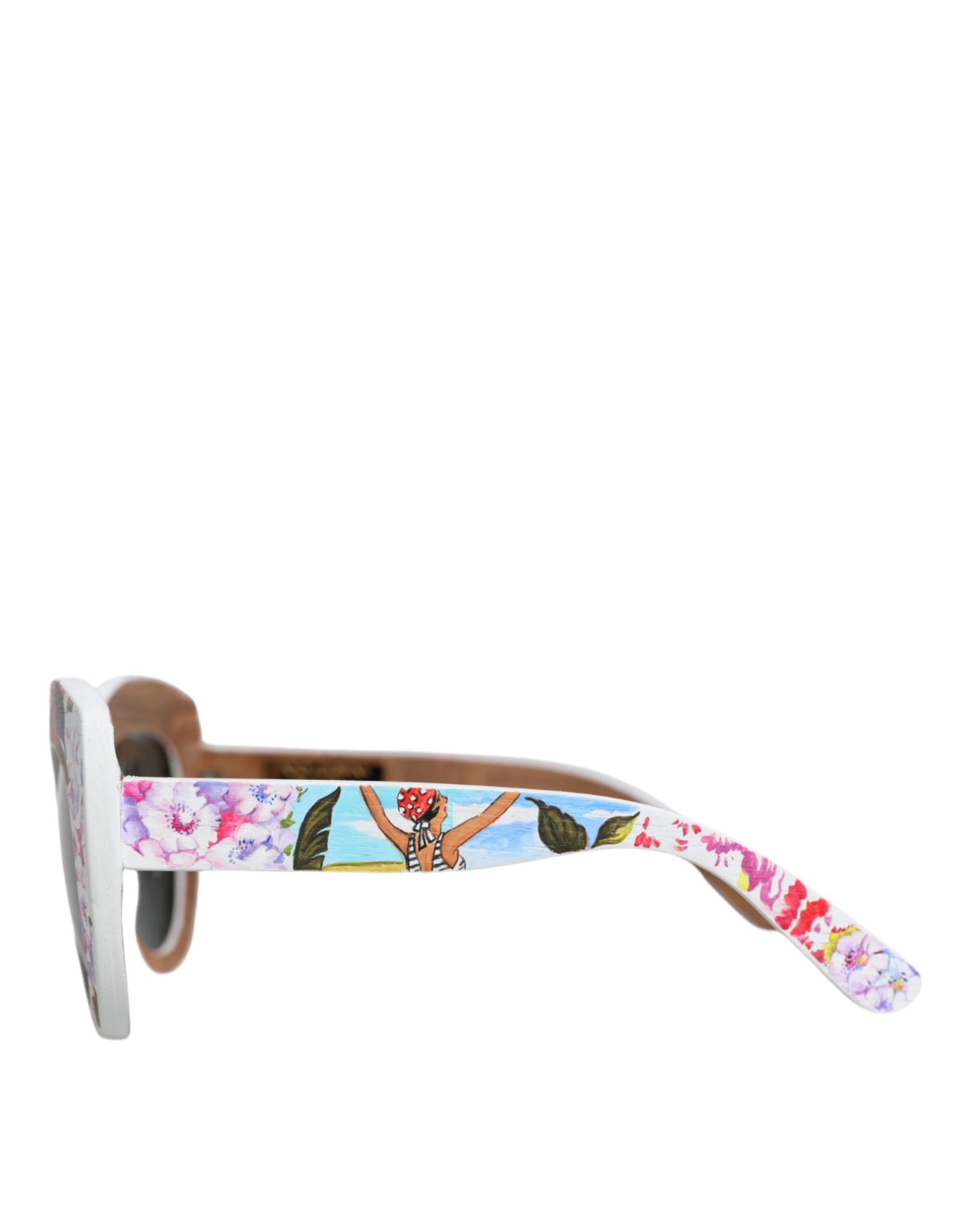 Multicolor Wood Crystal Brass Frame Floral Hand Paint Sunglasses - ventzia