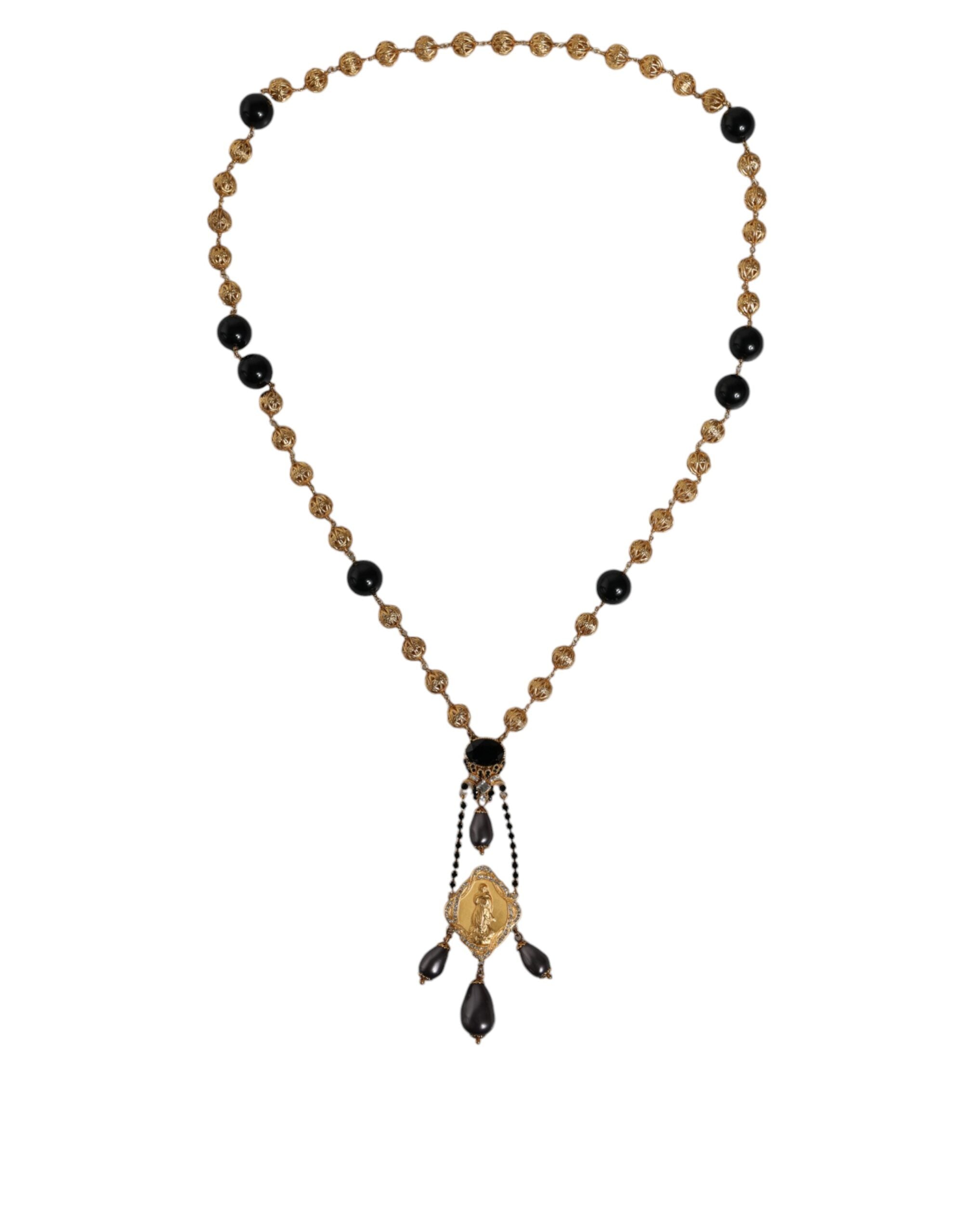 Gold Chain Brass Black Beaded Rosary Style Necklace - ventzia