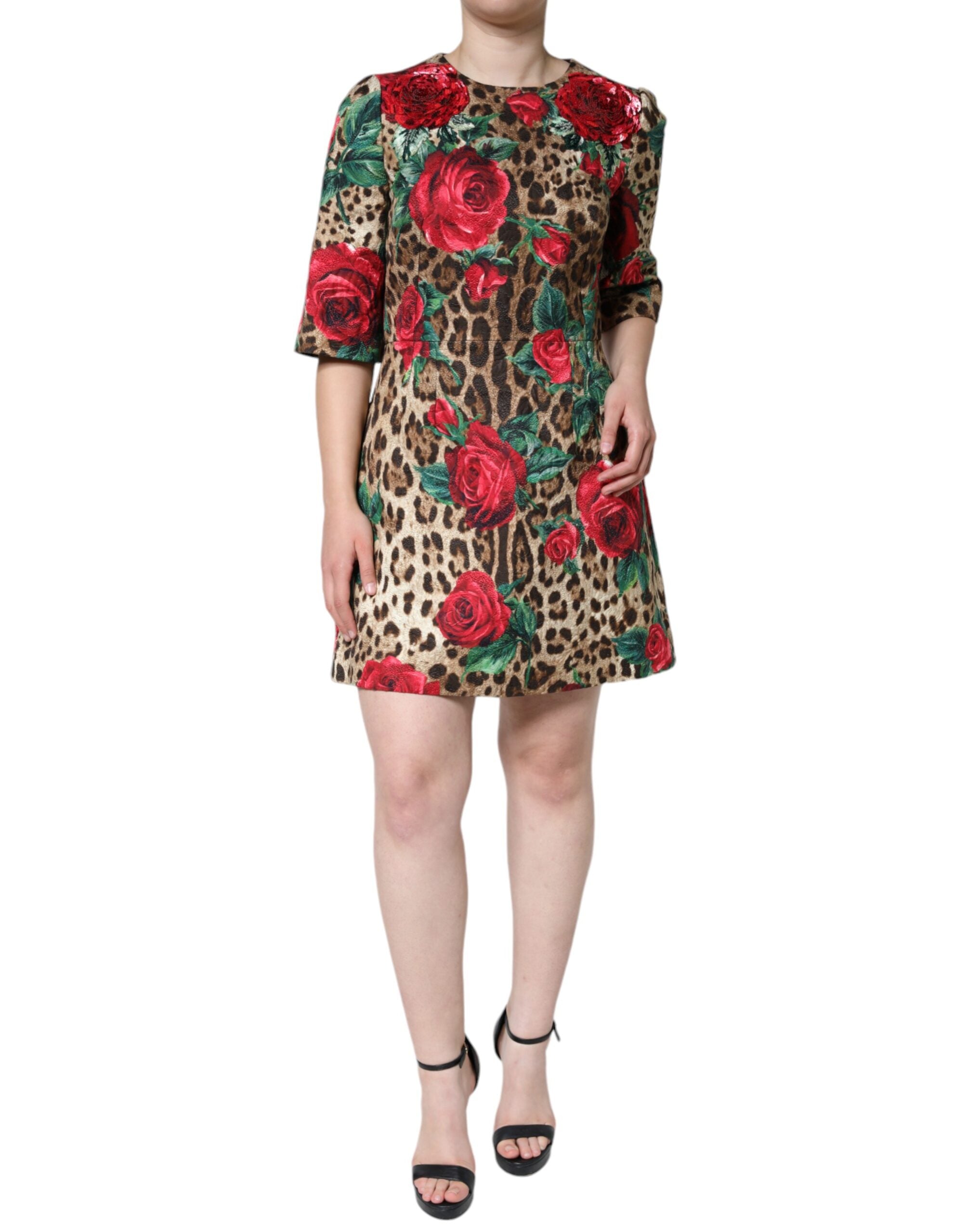 Brown Leopard Red Roses Cotton A-line Dress - ventzia