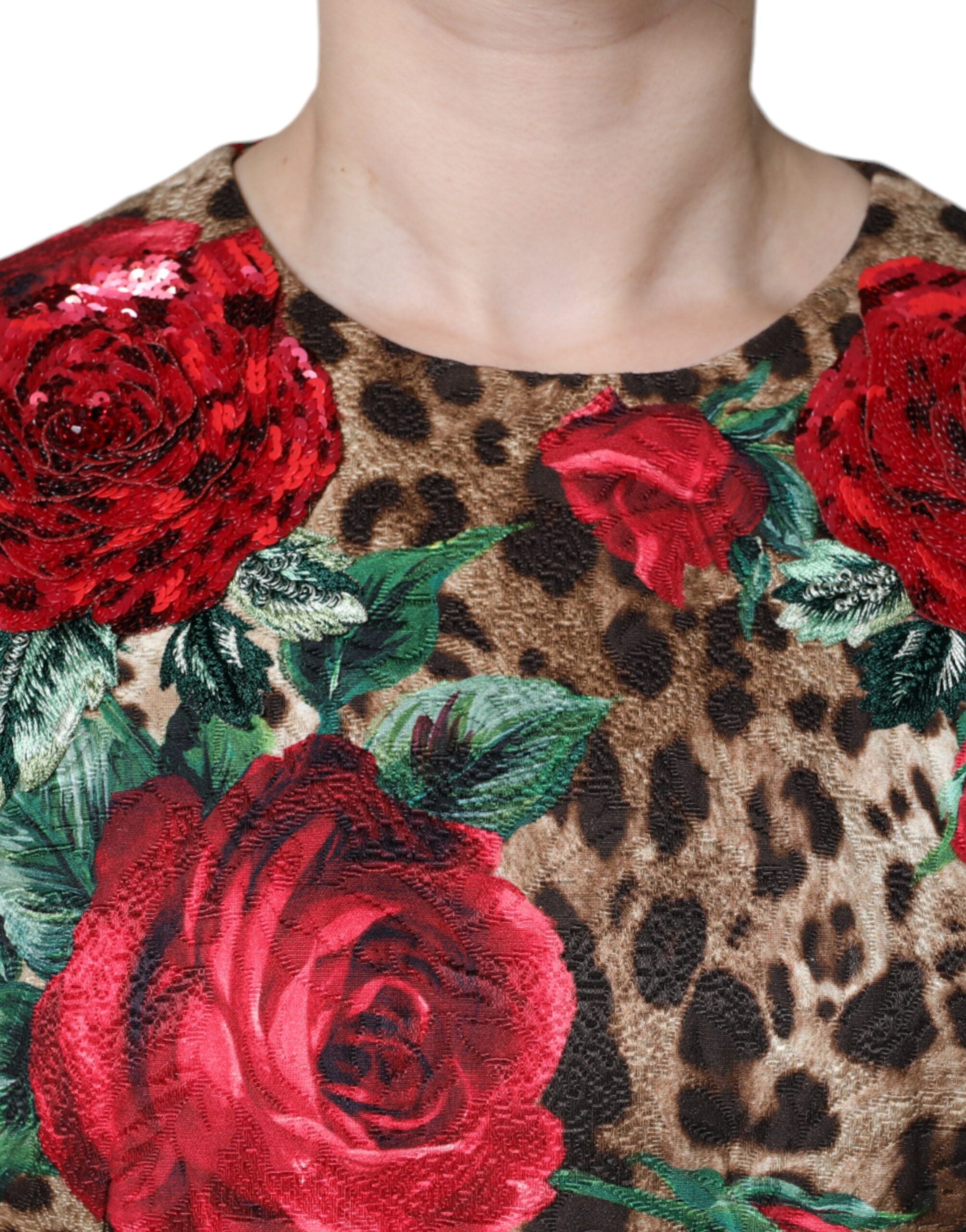 Brown Leopard Red Roses Cotton A-line Dress - ventzia
