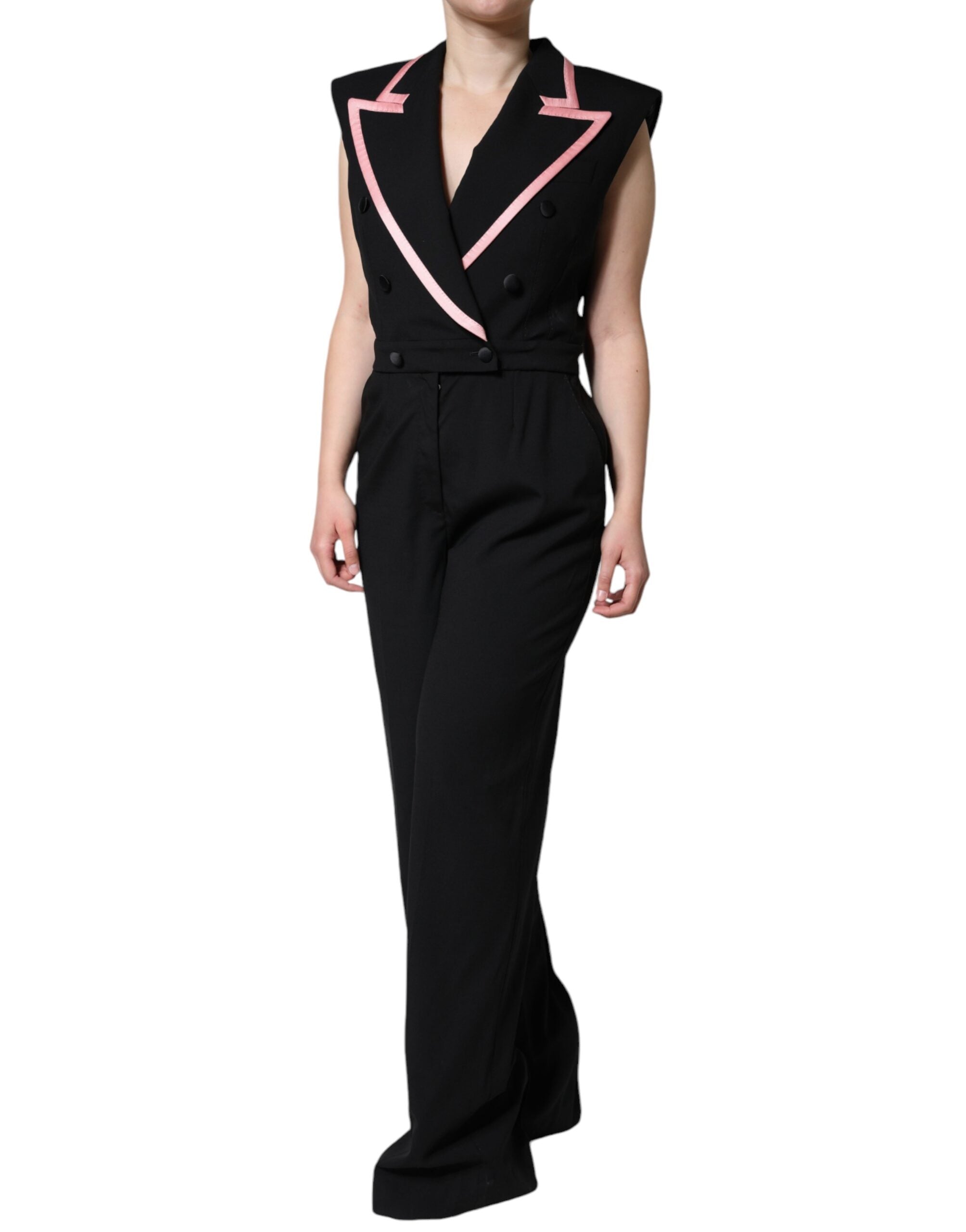 Black Wool Blend Sleeveless Jumpsuit Dress - ventzia
