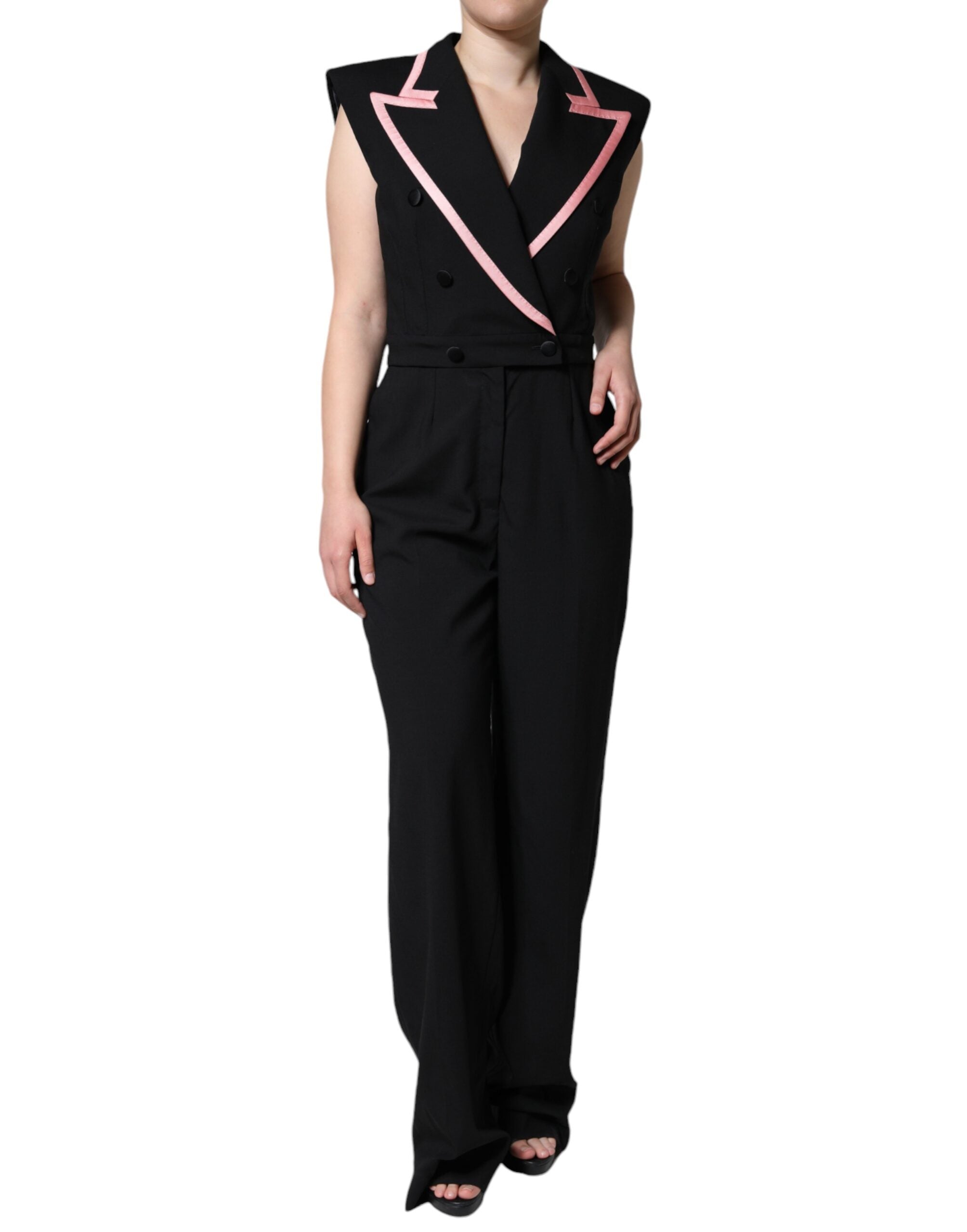 Black Wool Blend Sleeveless Jumpsuit Dress - ventzia