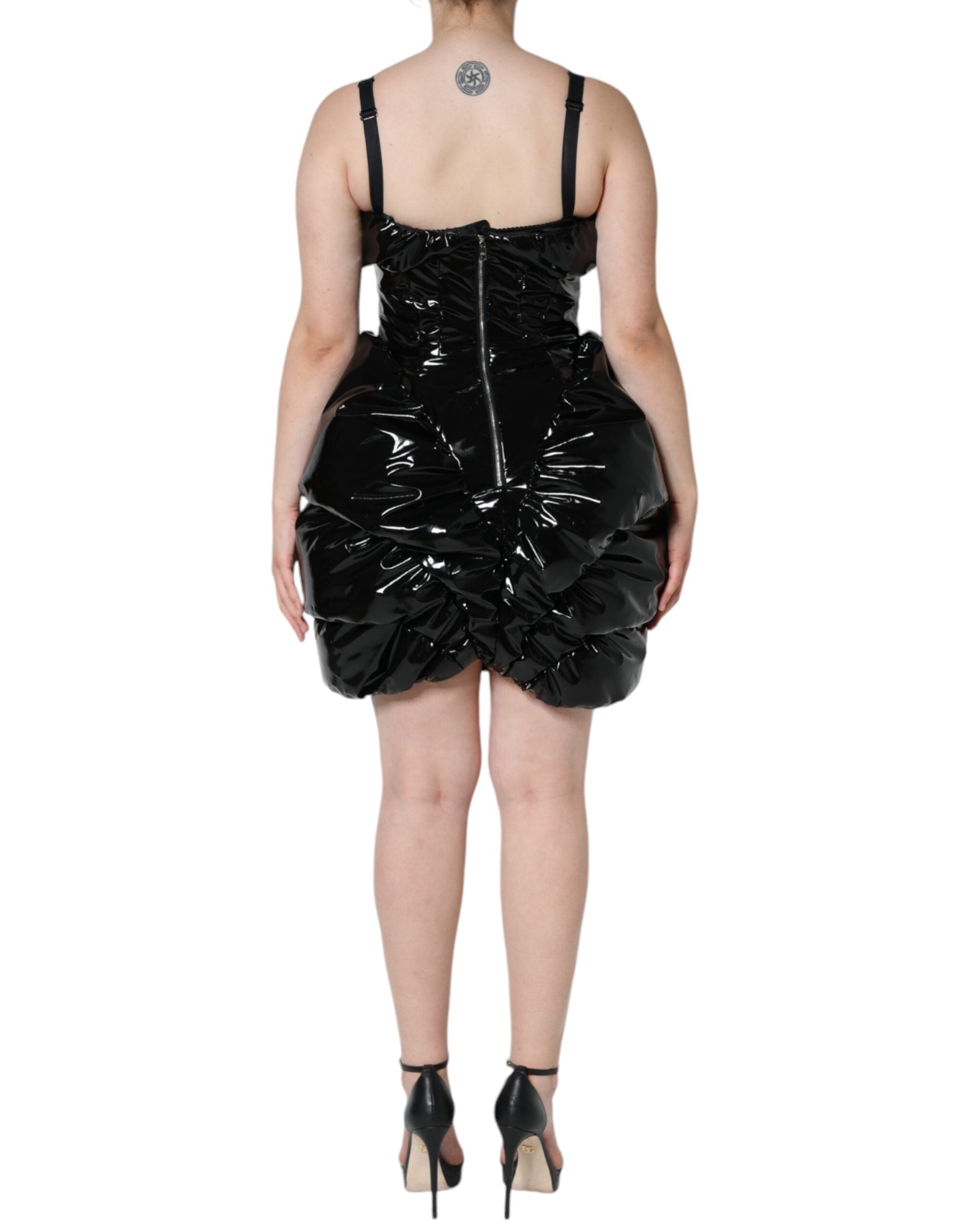 Black Polyester Ruched Coated Mini Dress - ventzia